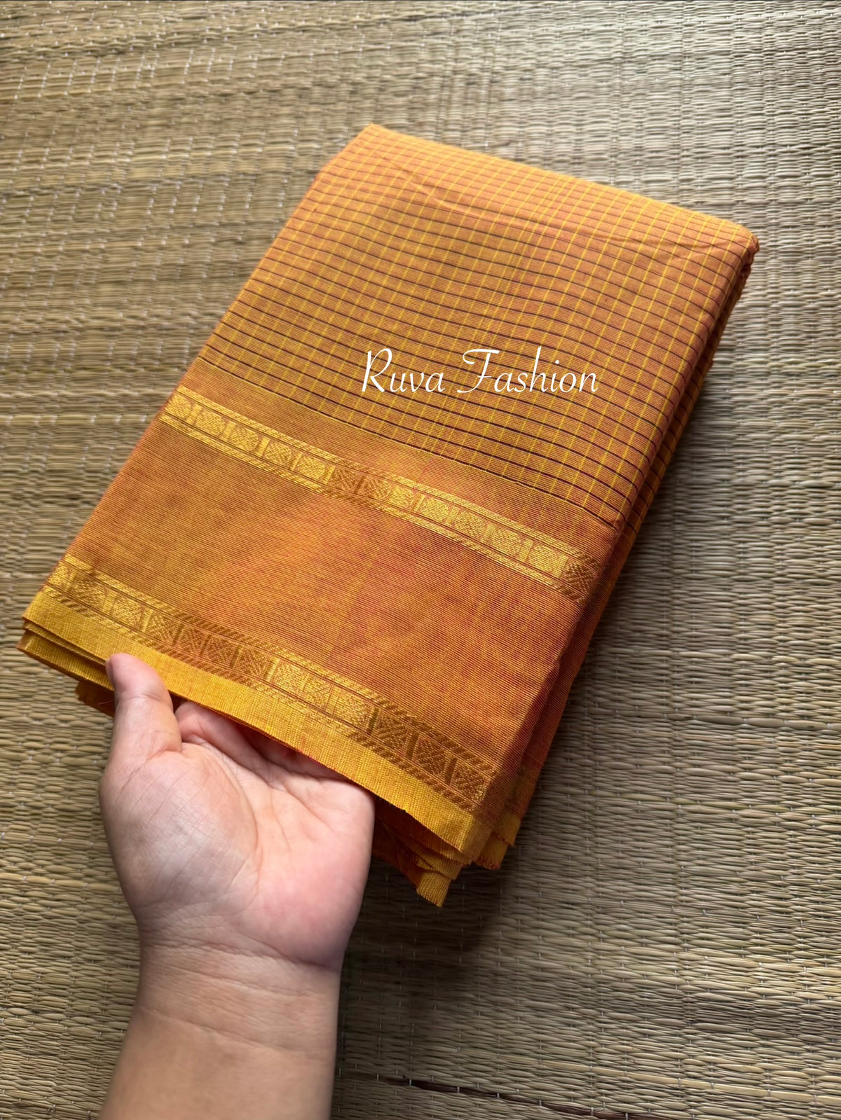 RF92 Monotone Yellow & Gold shade mixed Vintage Podi Kattam / small checks Kanchi cotton saree -RF92