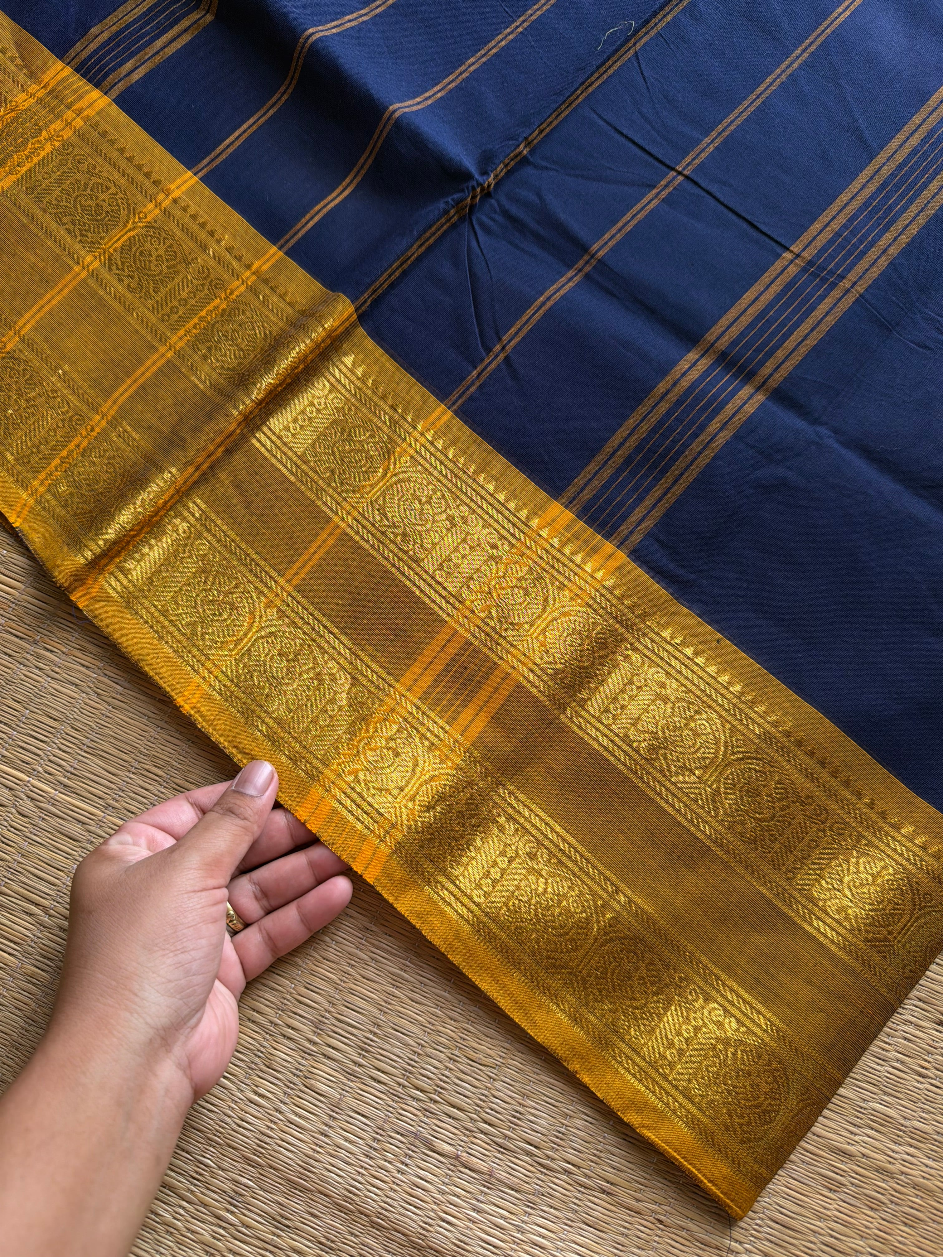 RF1057 Navy blue with mustard combination gap border Kanchi cotton saree