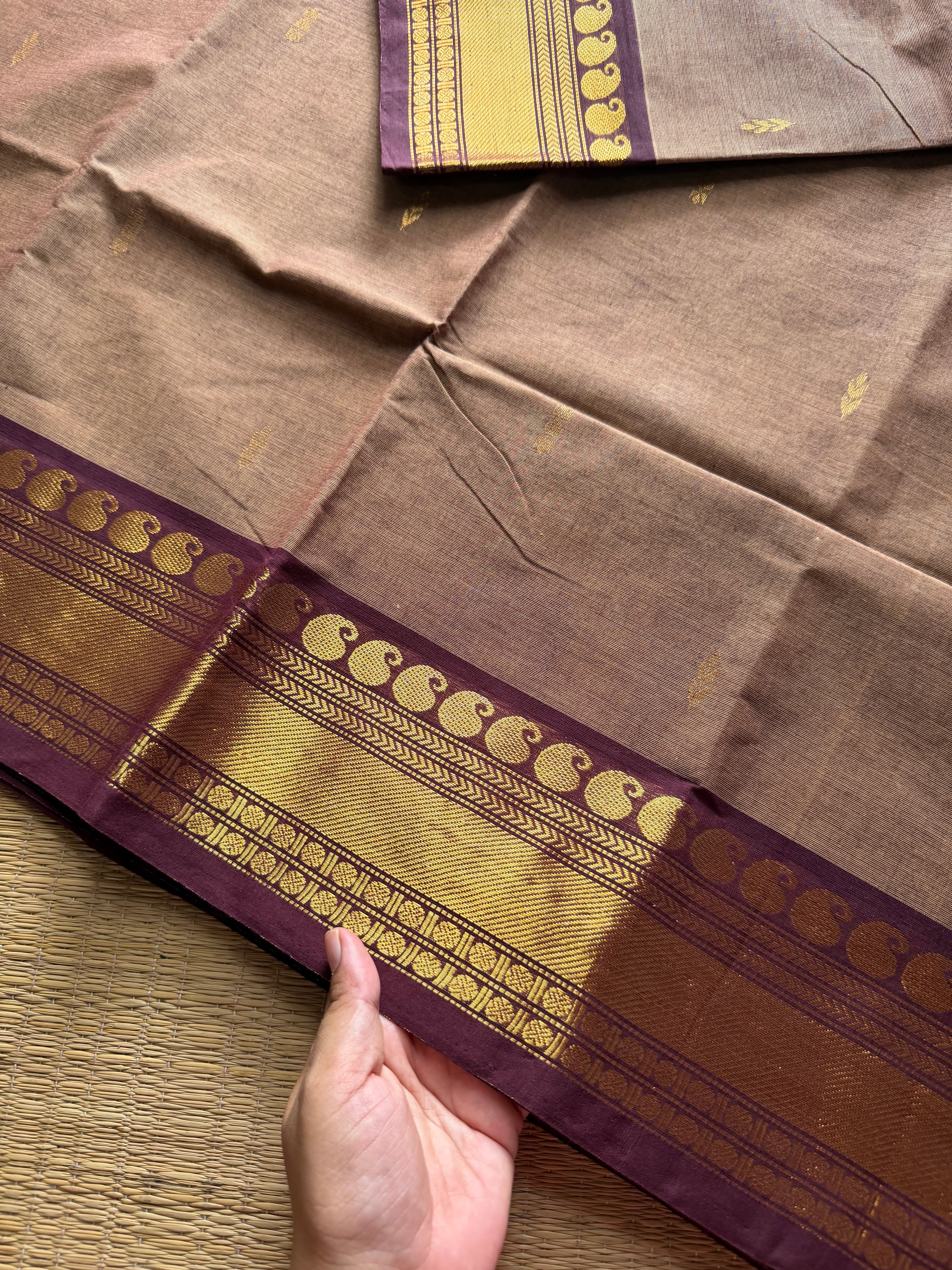 Biscuit shade with brown  combination Kanchi cotton saree with handmade golden Zari Buttas