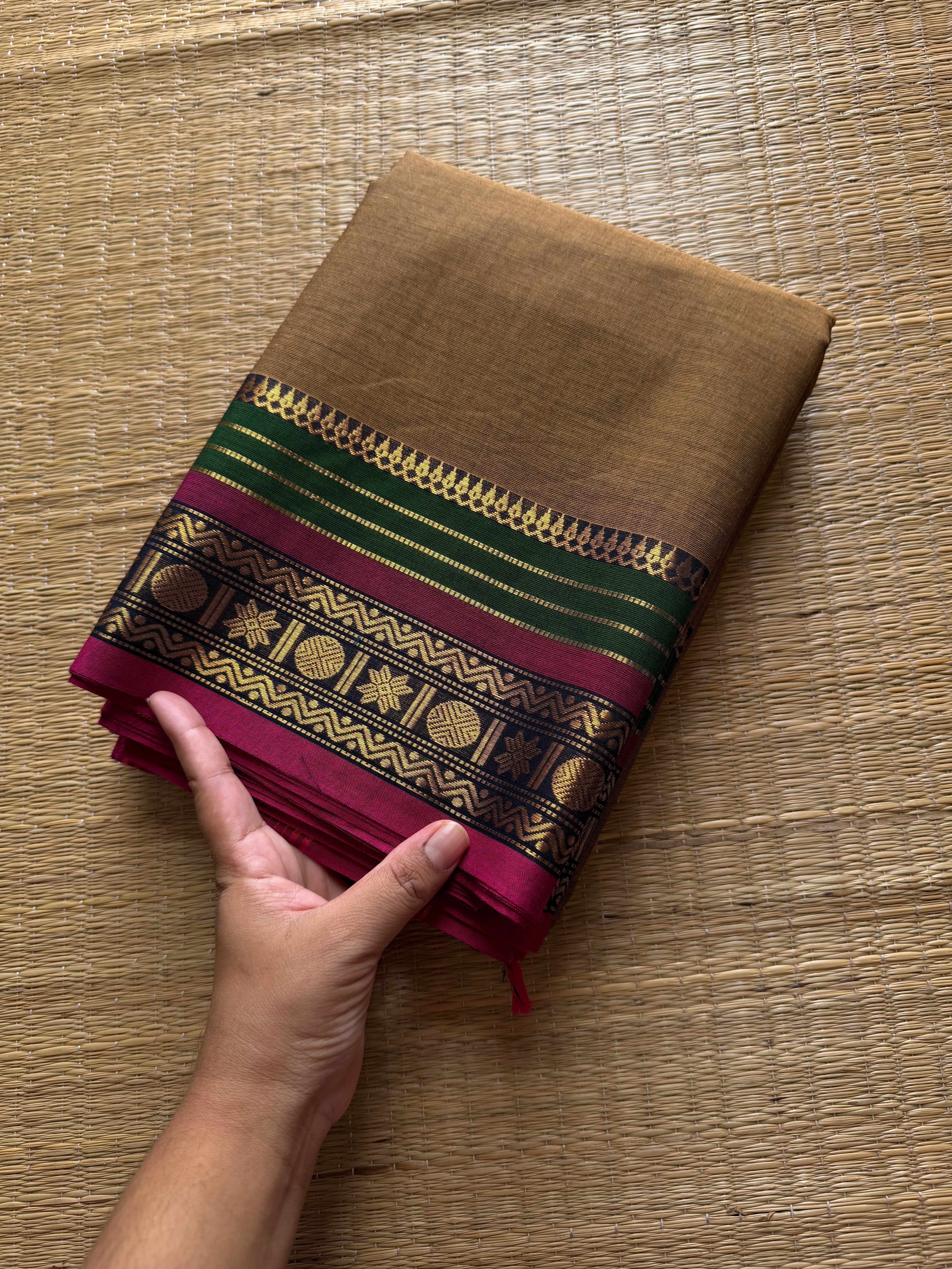 RF358 Dual tone earth Brown Shade Kanchi Cotton Saree with multi color contrast border