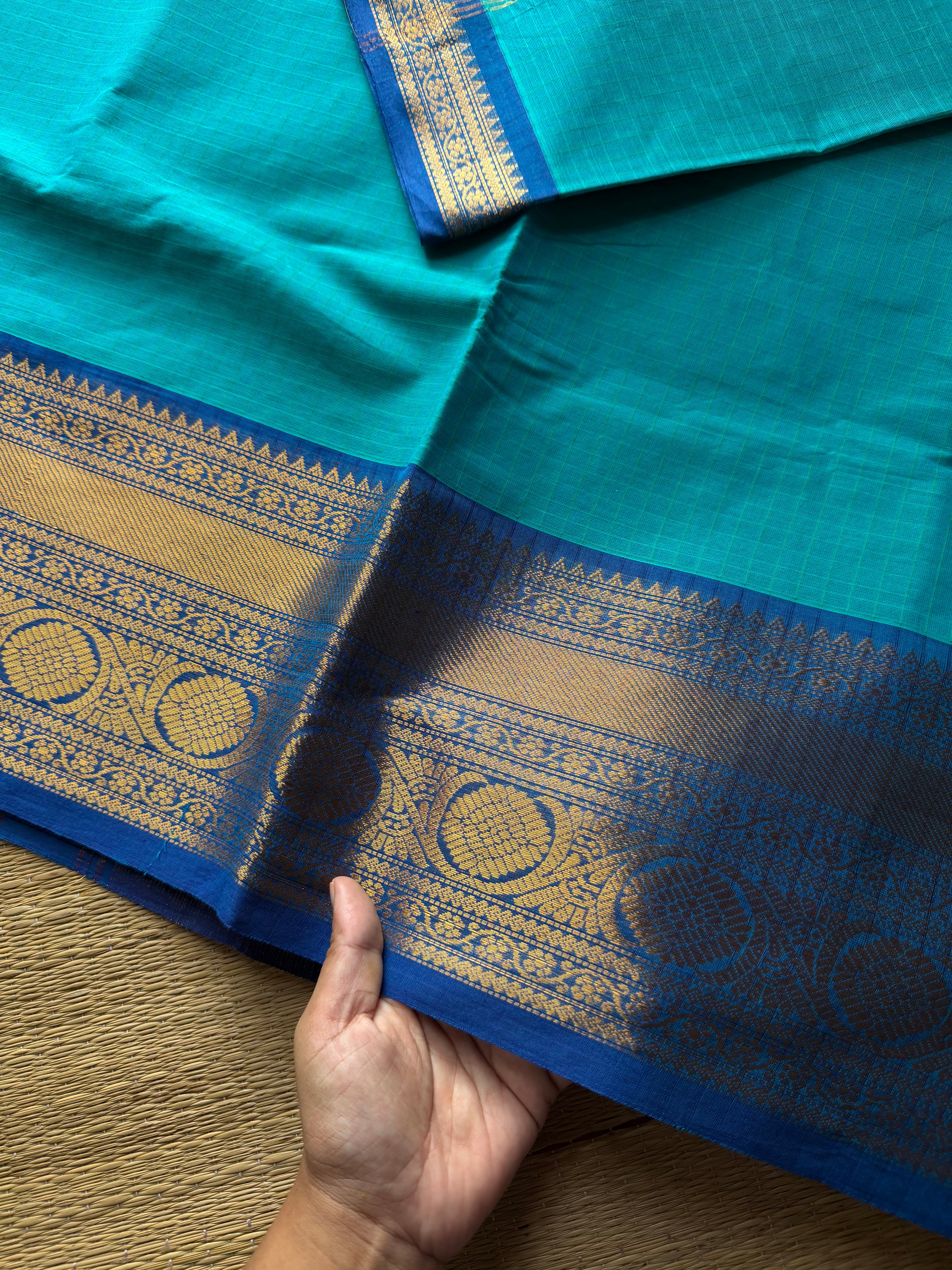 RF727 Rama blue shade kanchi cotton saree with checks / Kattam pattern