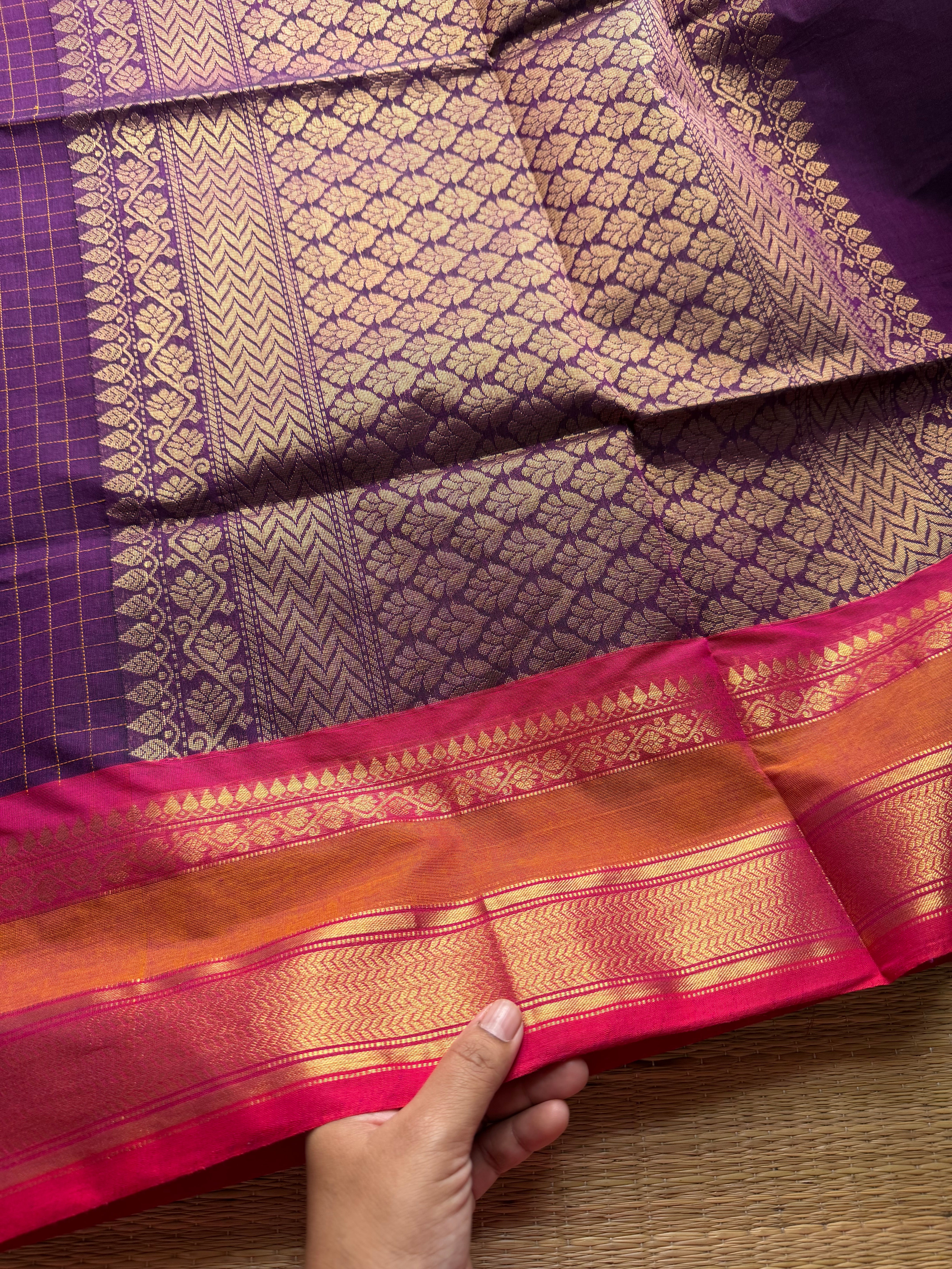 RF66 Purple shade Premium Kanchi Cotton saree with checks pattern & With Rich Zari woven Pallu