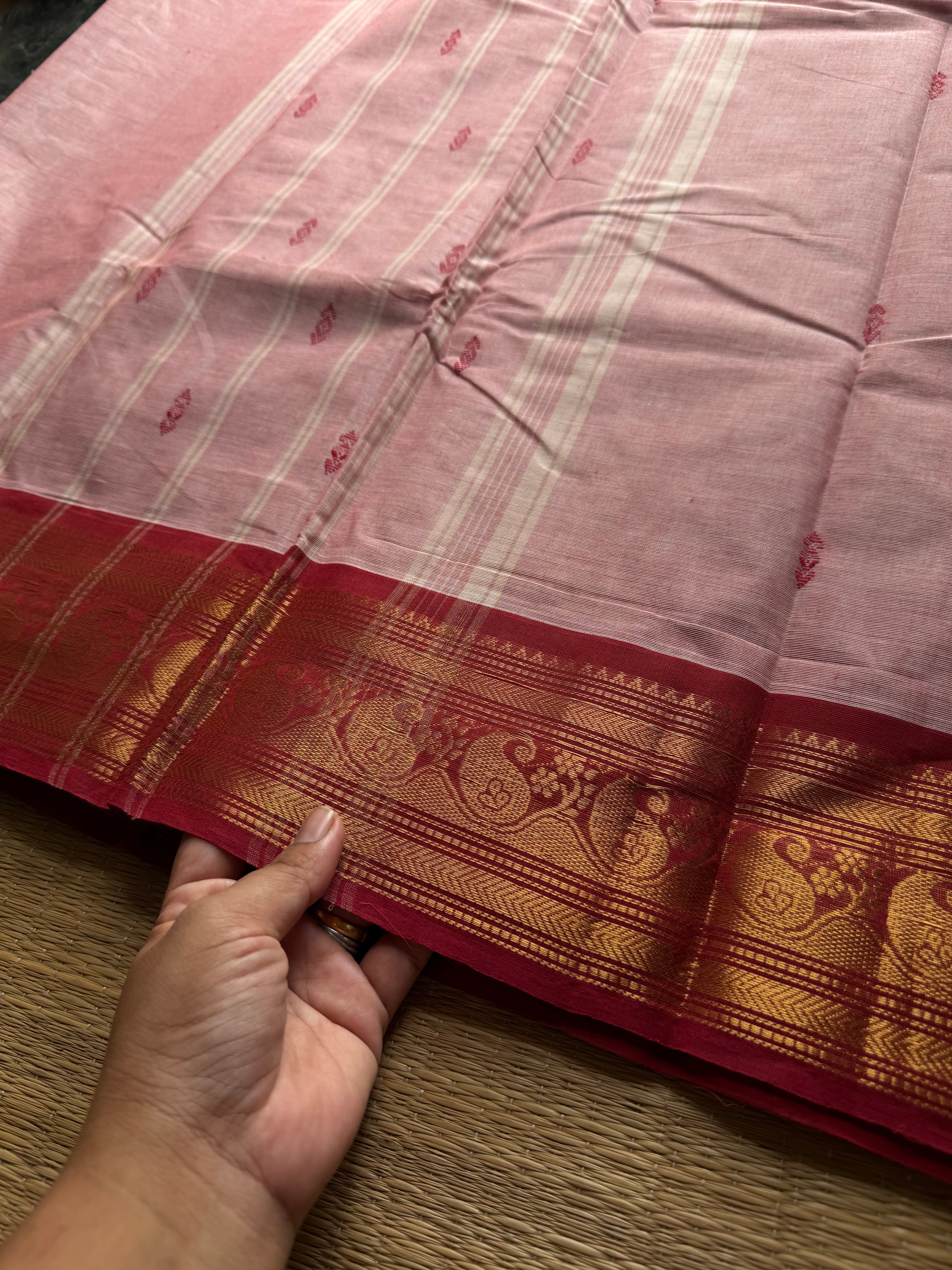 RF545 Light pastel peach shade Kanchi cotton saree with handmade thread buttas