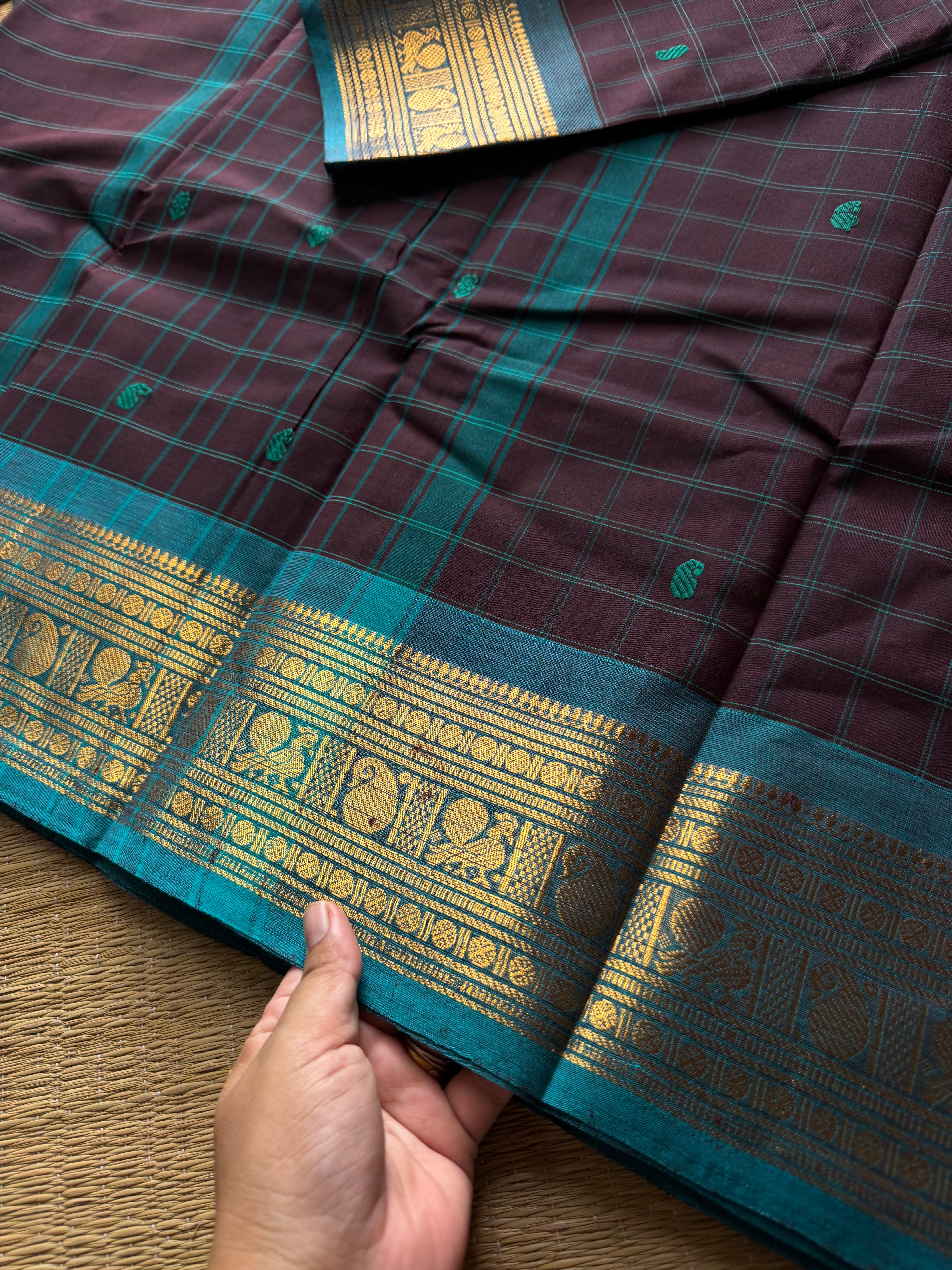 RF648 Brown with teal blue combination Kanchi Kattam / checks pattern saree with handmade thread buttas