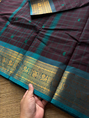 RF648 Brown with teal blue combination Kanchi Kattam / checks pattern saree with handmade thread buttas