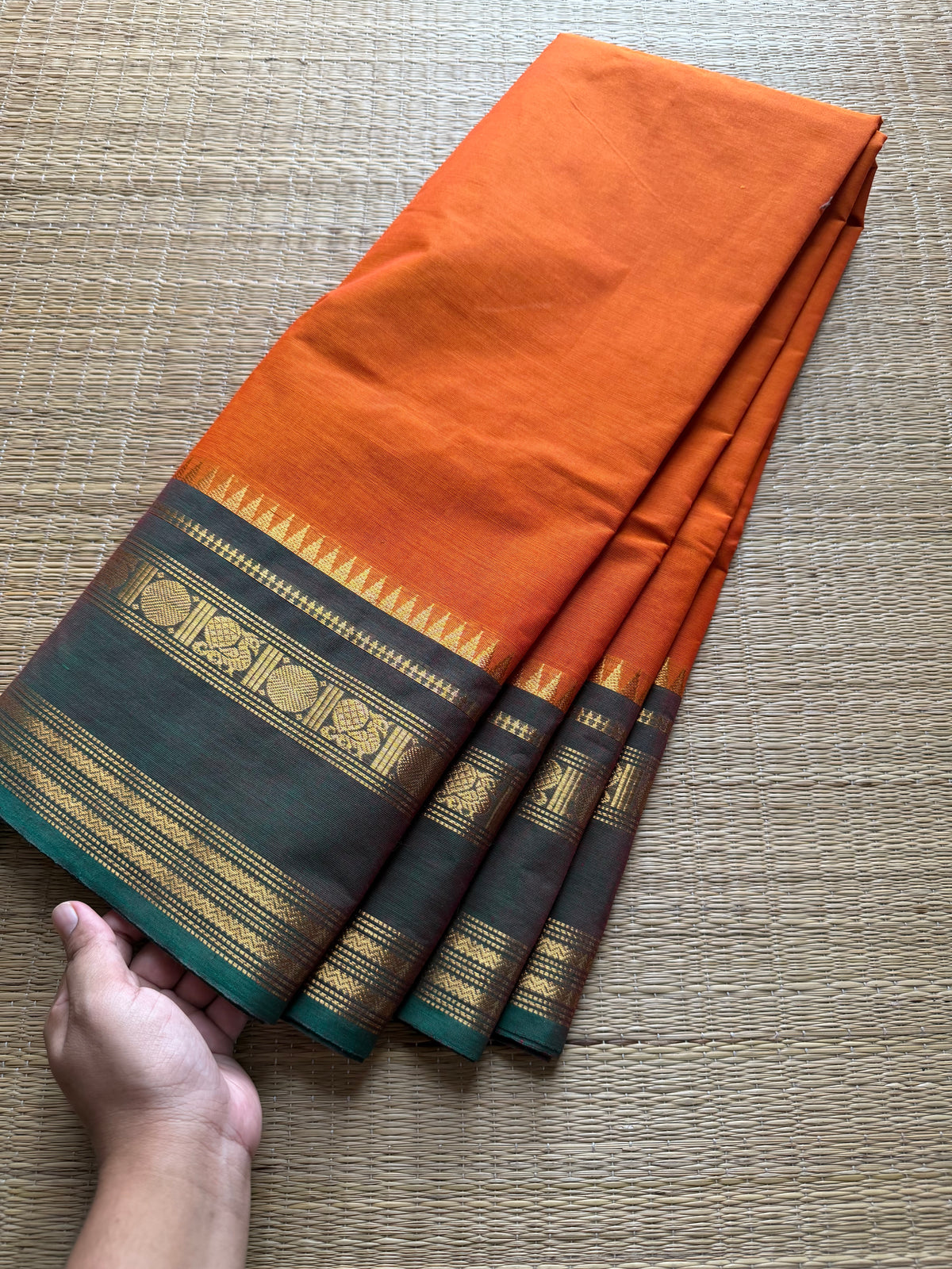 RF341 Orange with green combination Kanchi cotton saree with Annam pattern Rettapet border