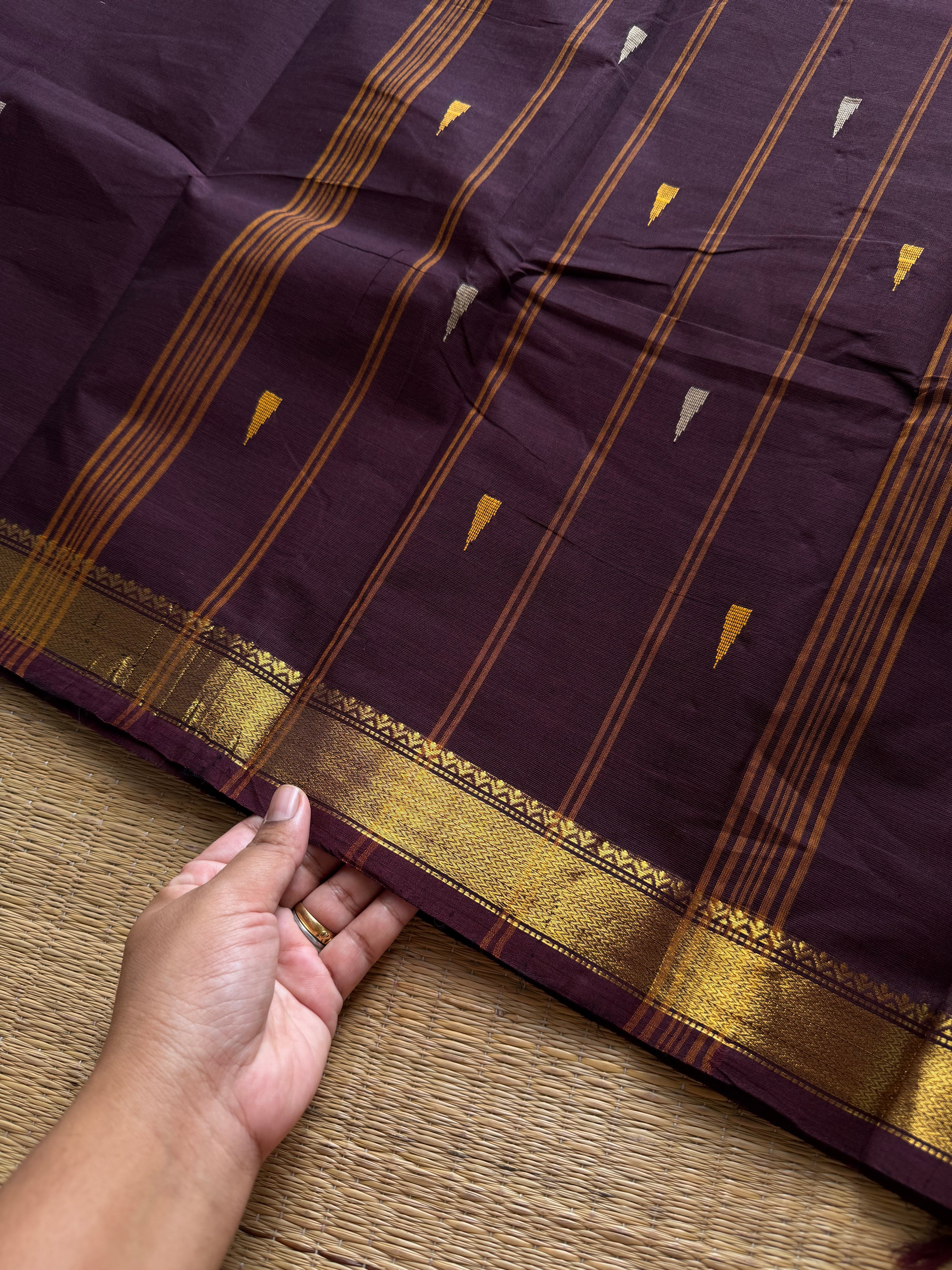 RF1404 Monotone deep coffee brown ~ Small border Kanchi cotton saree with handmade thread buttas
