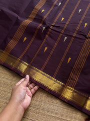 RF1404 Monotone deep coffee brown ~ Small border Kanchi cotton saree with handmade thread buttas