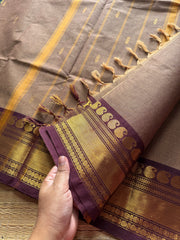 Biscuit shade with brown  combination Kanchi cotton saree with handmade golden Zari Buttas