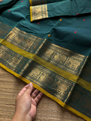 RF966 Teal green shade Kanchi cotton saree with handmade thread buttas