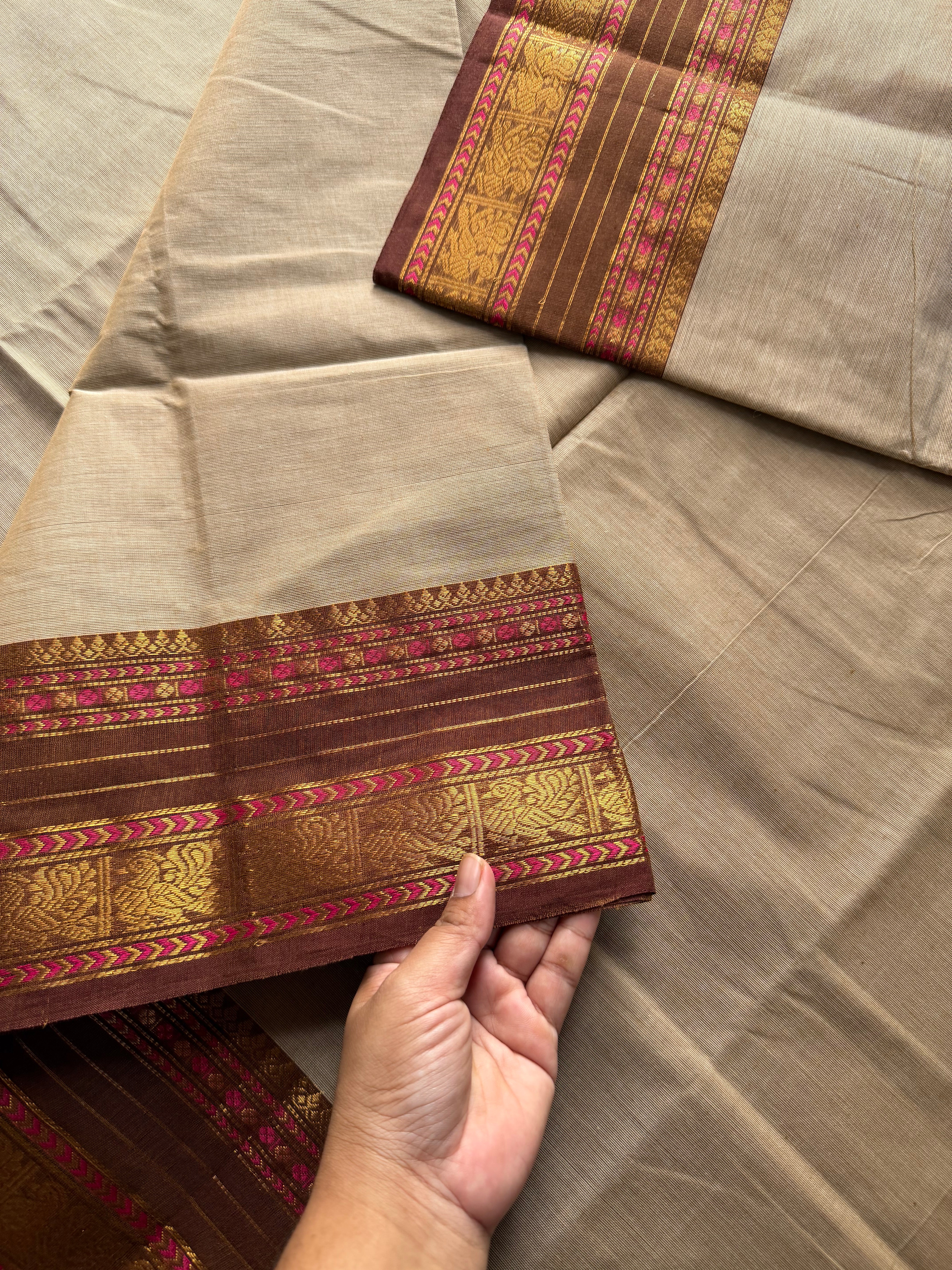 RF383 Cream with light brown combination Kanchi cotton saree with unique border