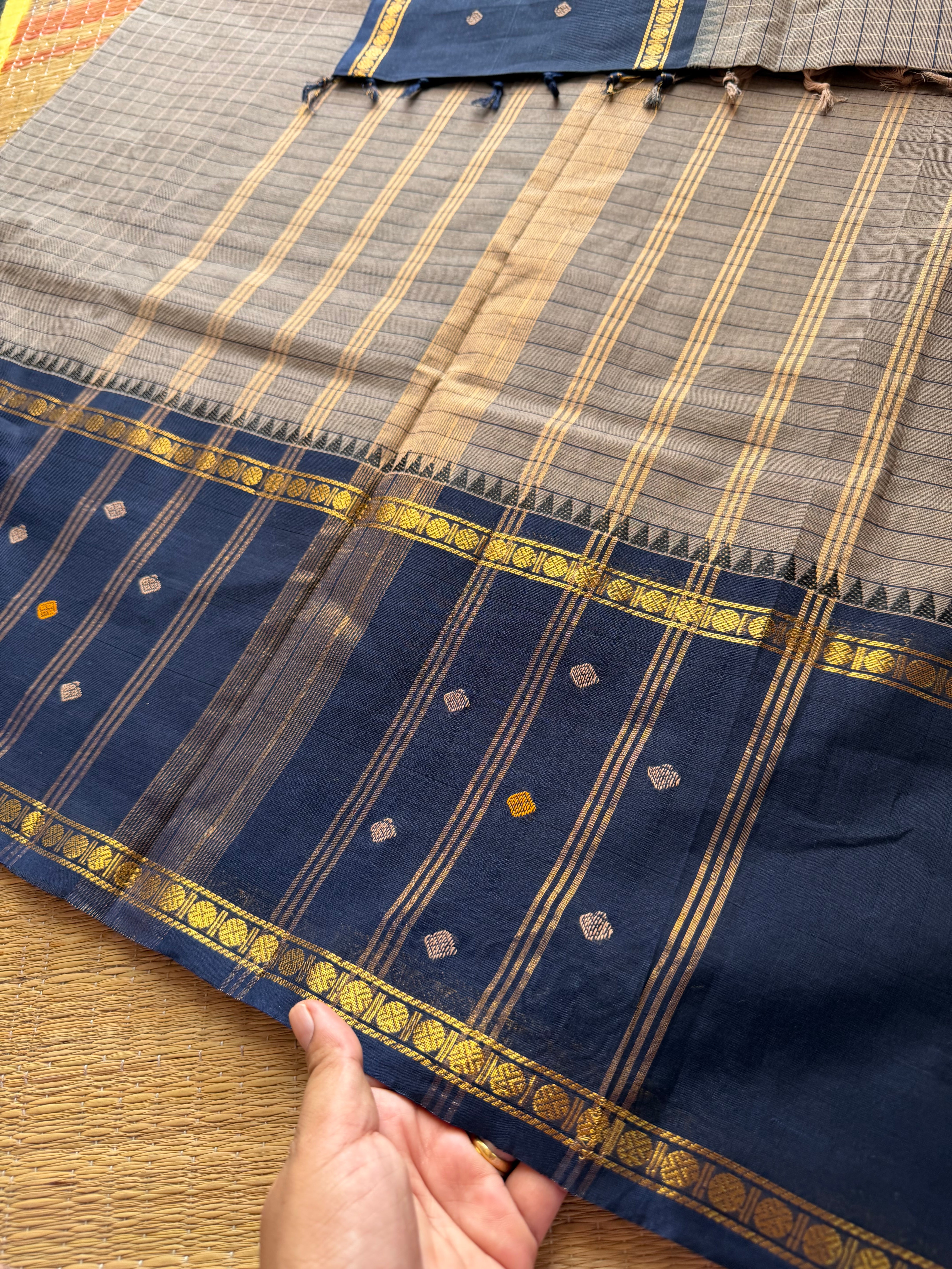 RF515 Grey with navy blue combination Vintage Border Kanchi Cotton Saree with kattam / checks pattern & handwoven Buttas on the border