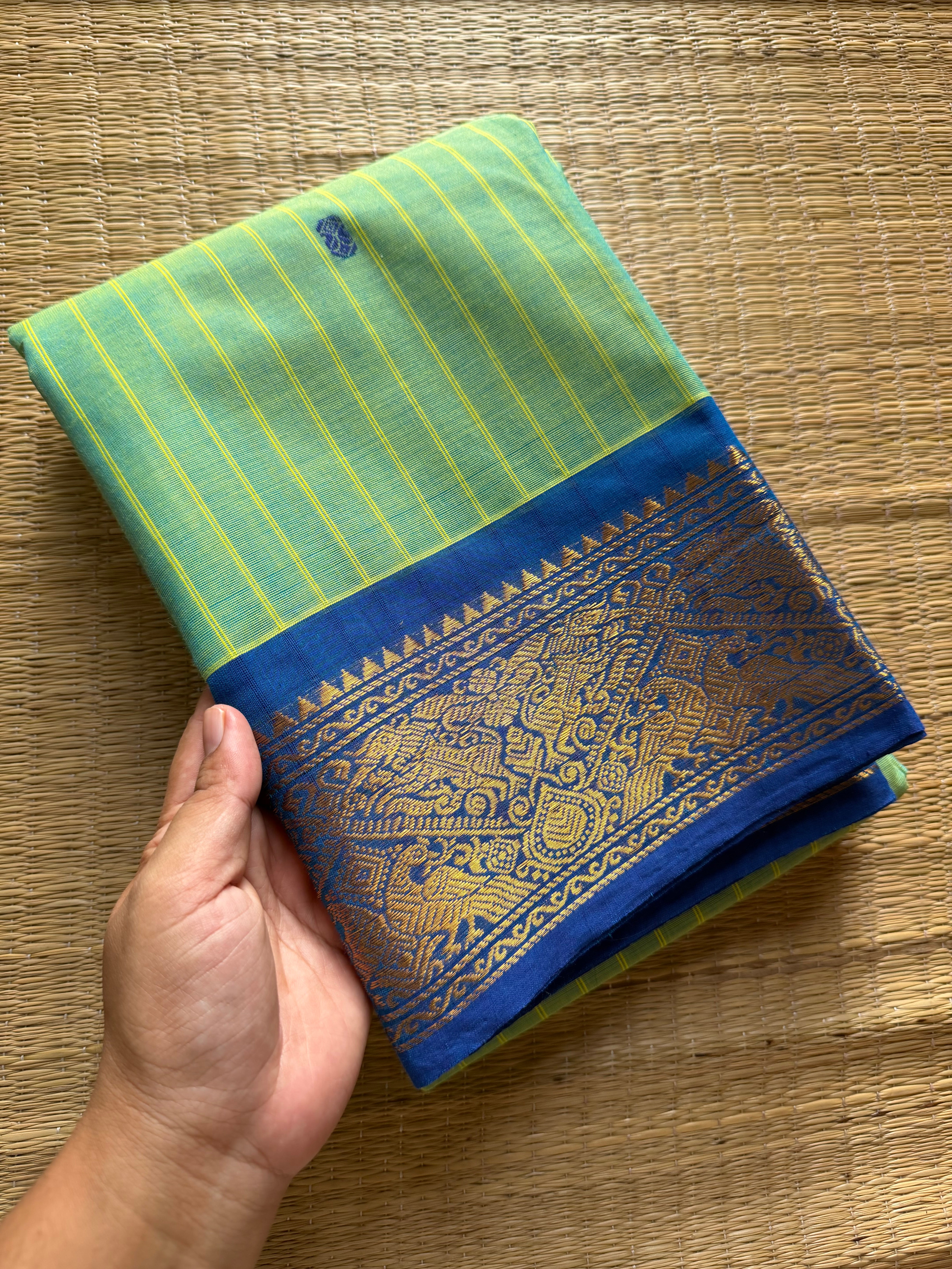 RF294 Dual tone Turquoise green shade with royal blue combination Kanchi cotton saree with Vanasingaram pattern border &  handmade golden Zari Buttas