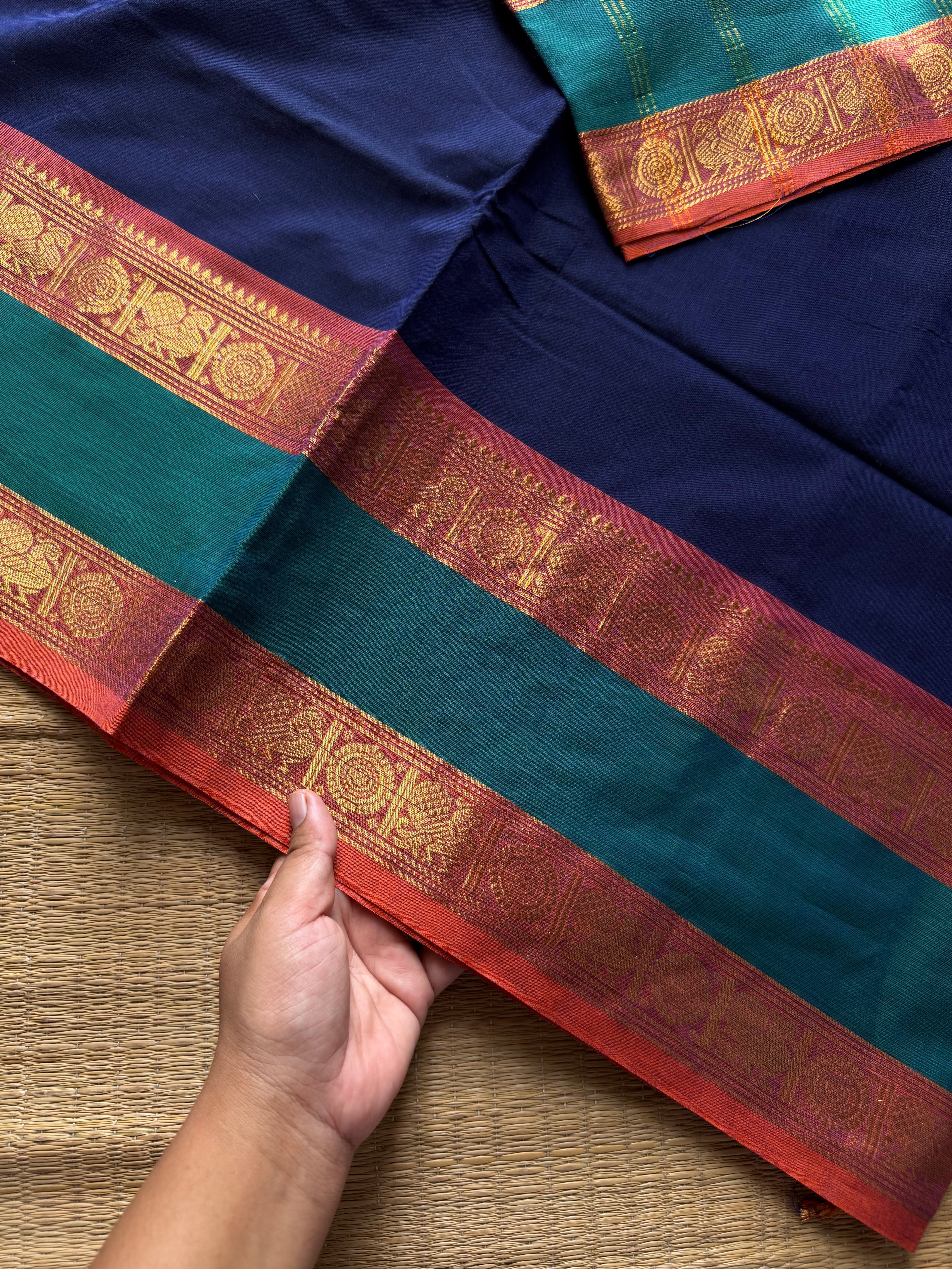 RF1120 Navy blue shade Kanchi cotton saree with gap border