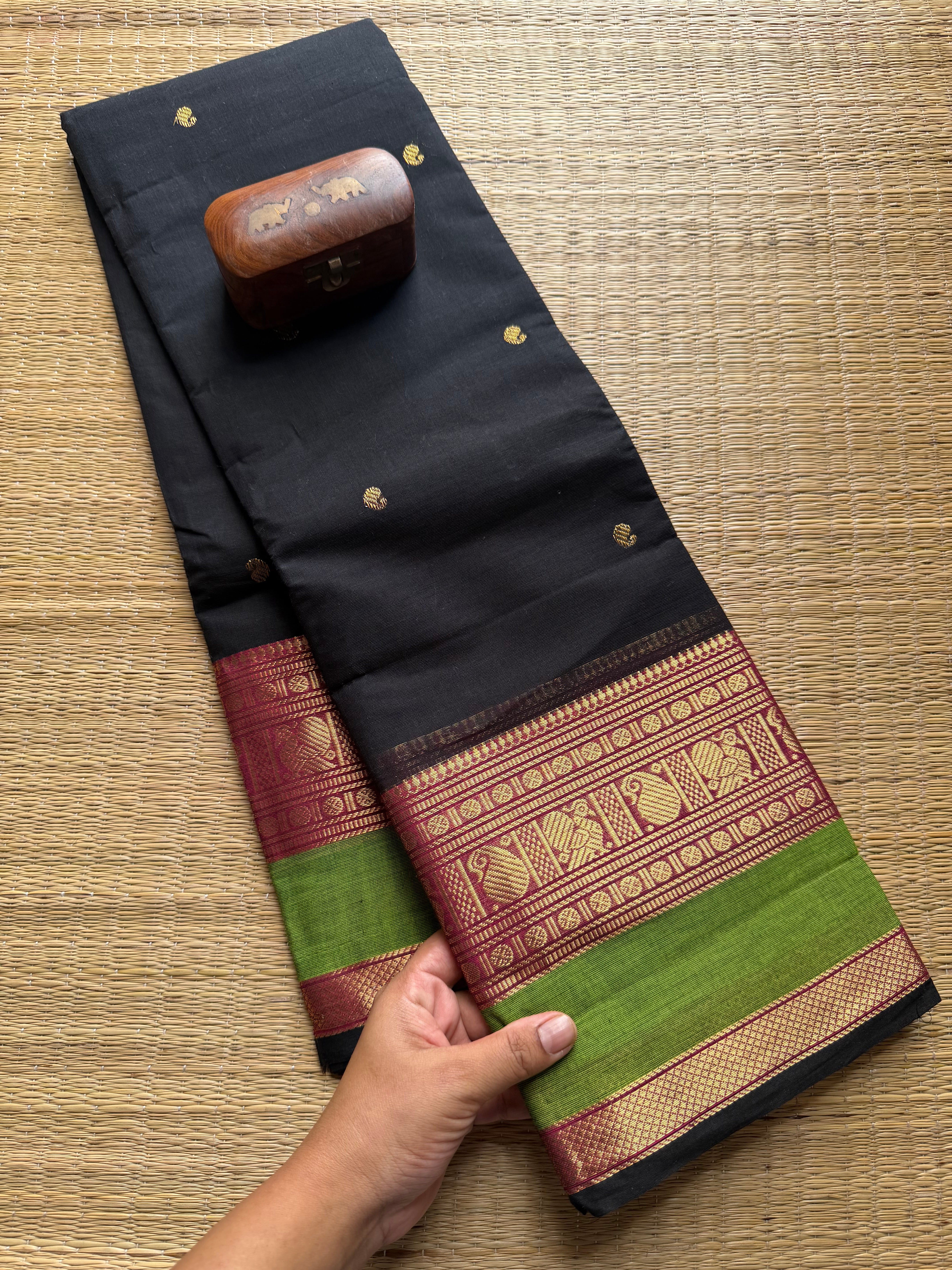 Black Kanchi Cotton Saree With Handmade Thread Buttas