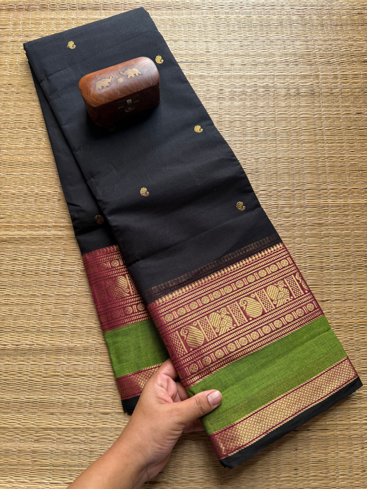 Black Kanchi Cotton Saree With Handmade Thread Buttas