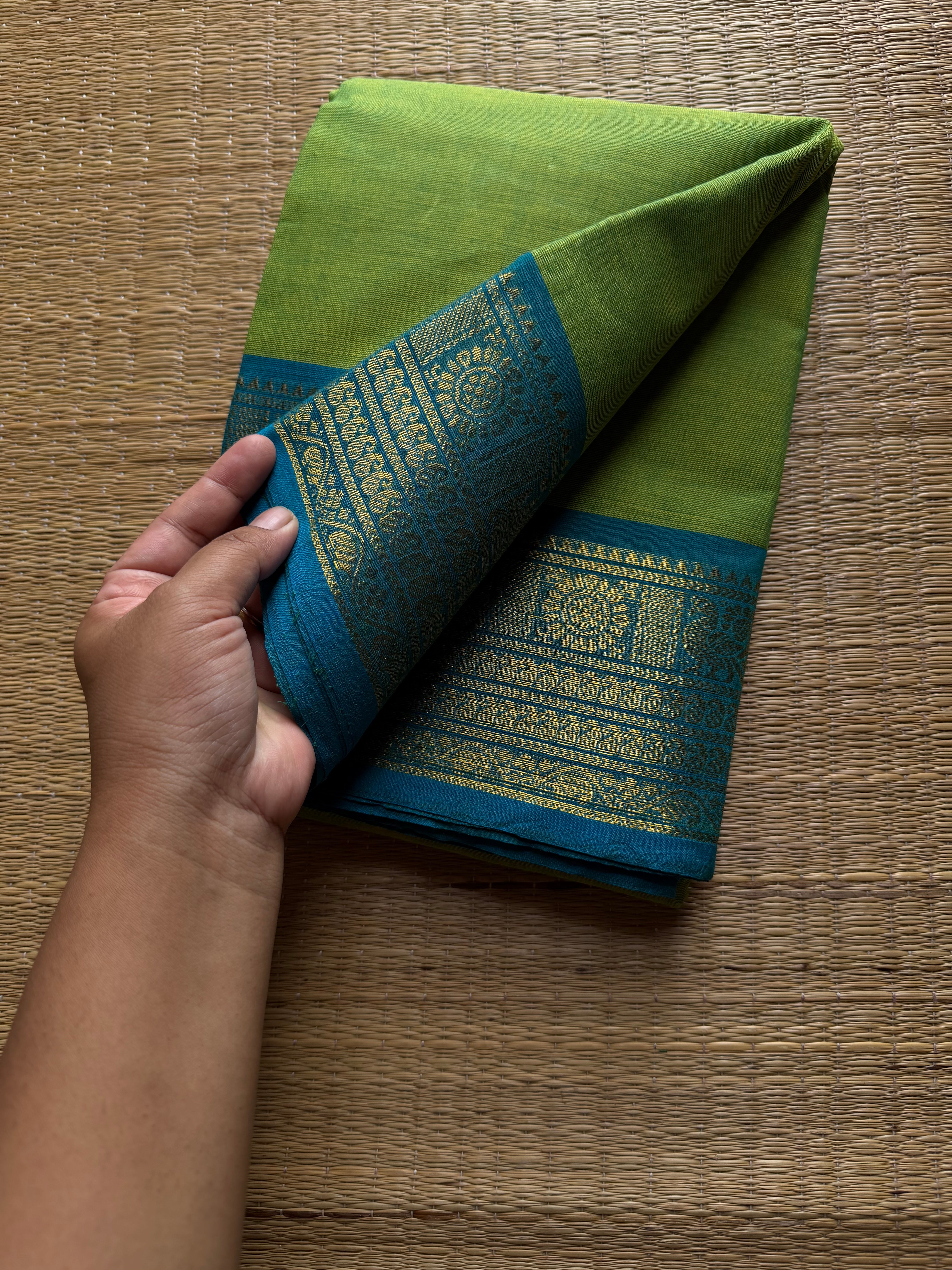 RF974 Green with sky blue combination Kanchi cotton saree with Annam and mango pattern border