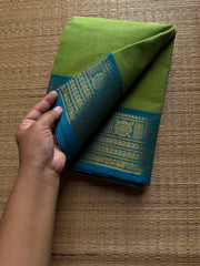 RF974 Green with sky blue combination Kanchi cotton saree with Annam and mango pattern border