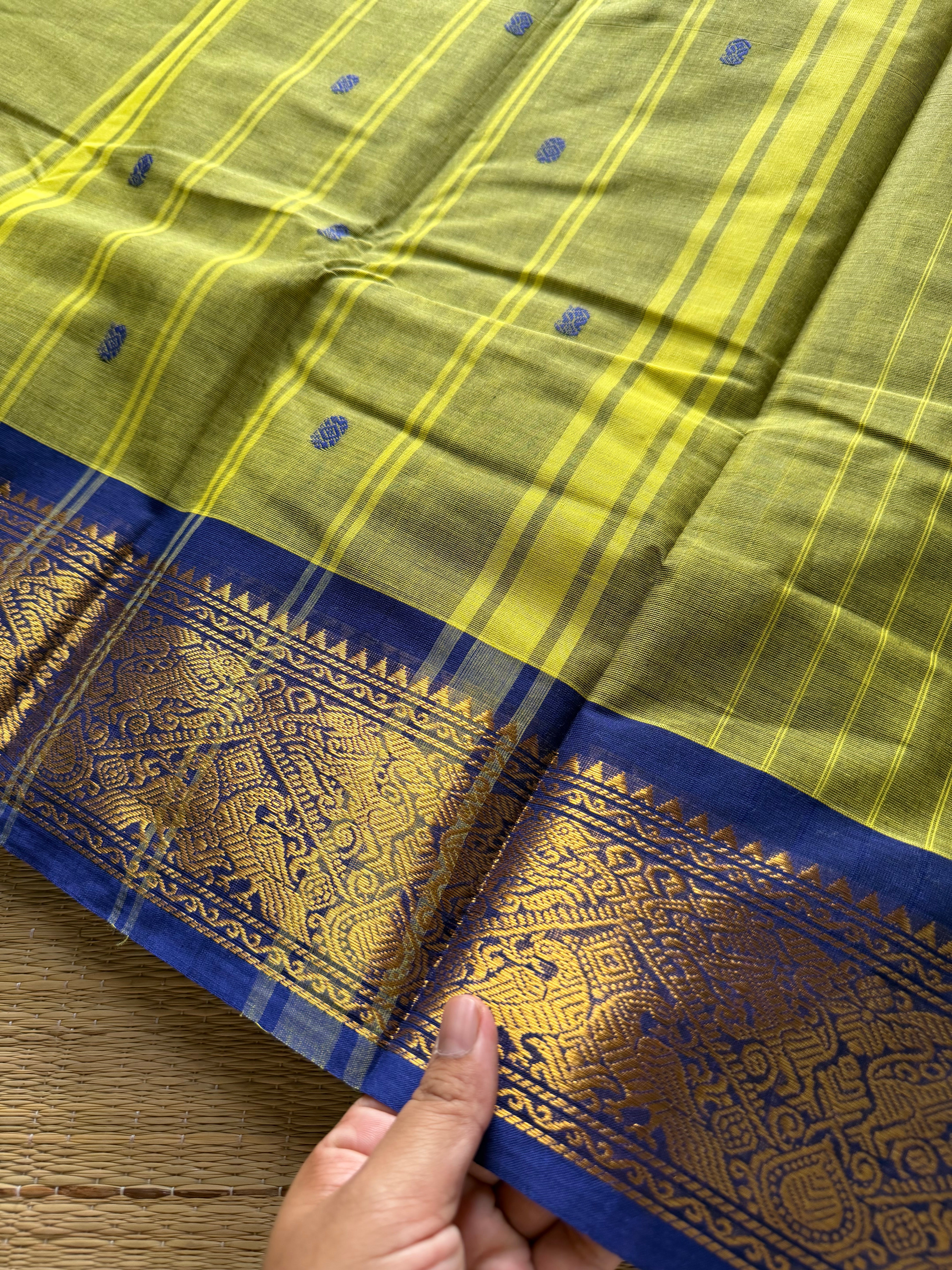 RF292 Green with royal blue combination Kanchi cotton saree with Vanasingaram pattern border &  handmade golden Zari Buttas