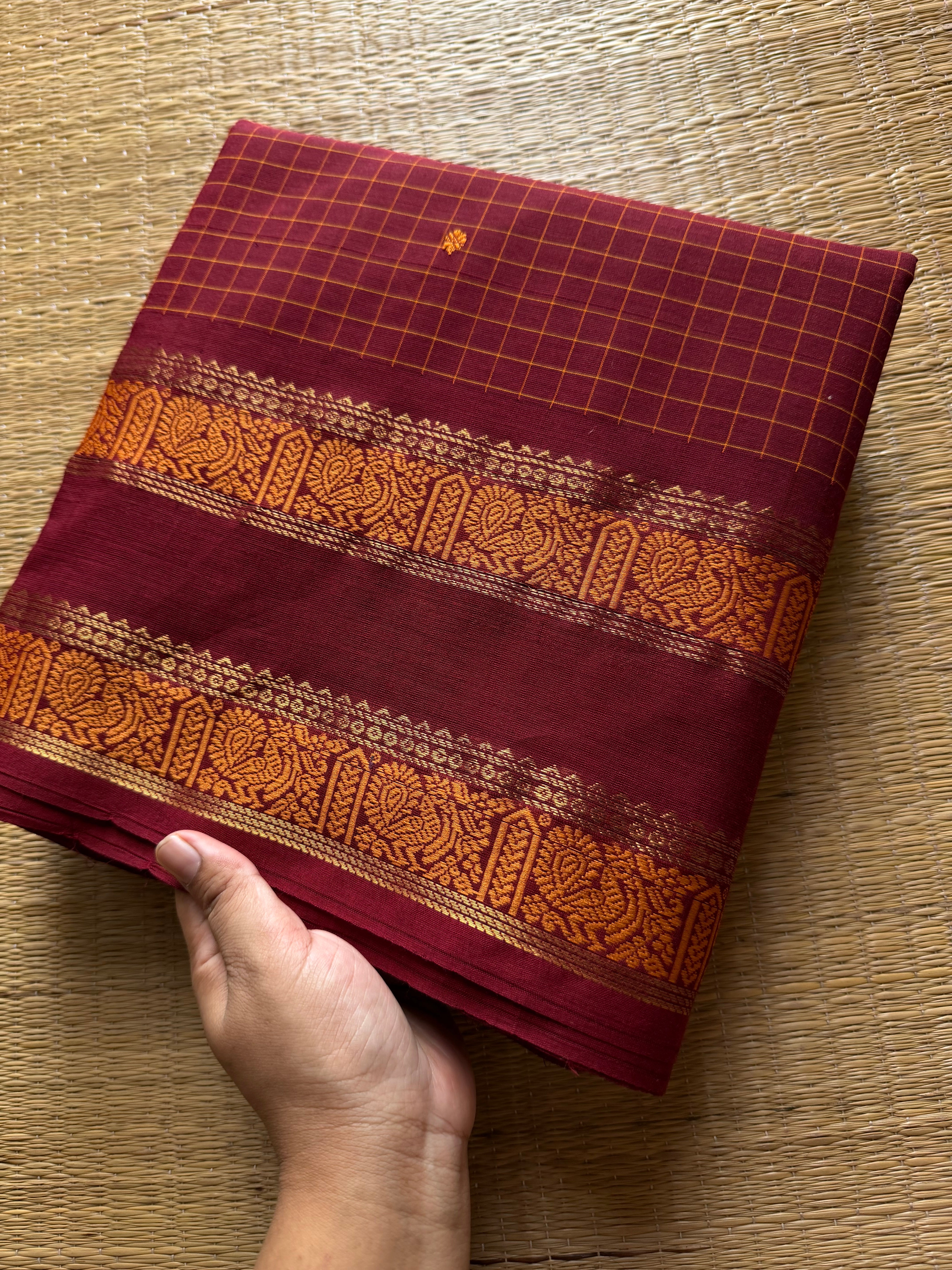 RF553 Maroon Kattam Edition: Kanchi Cotton Saree with Minimal Zari & handmade thread buttas