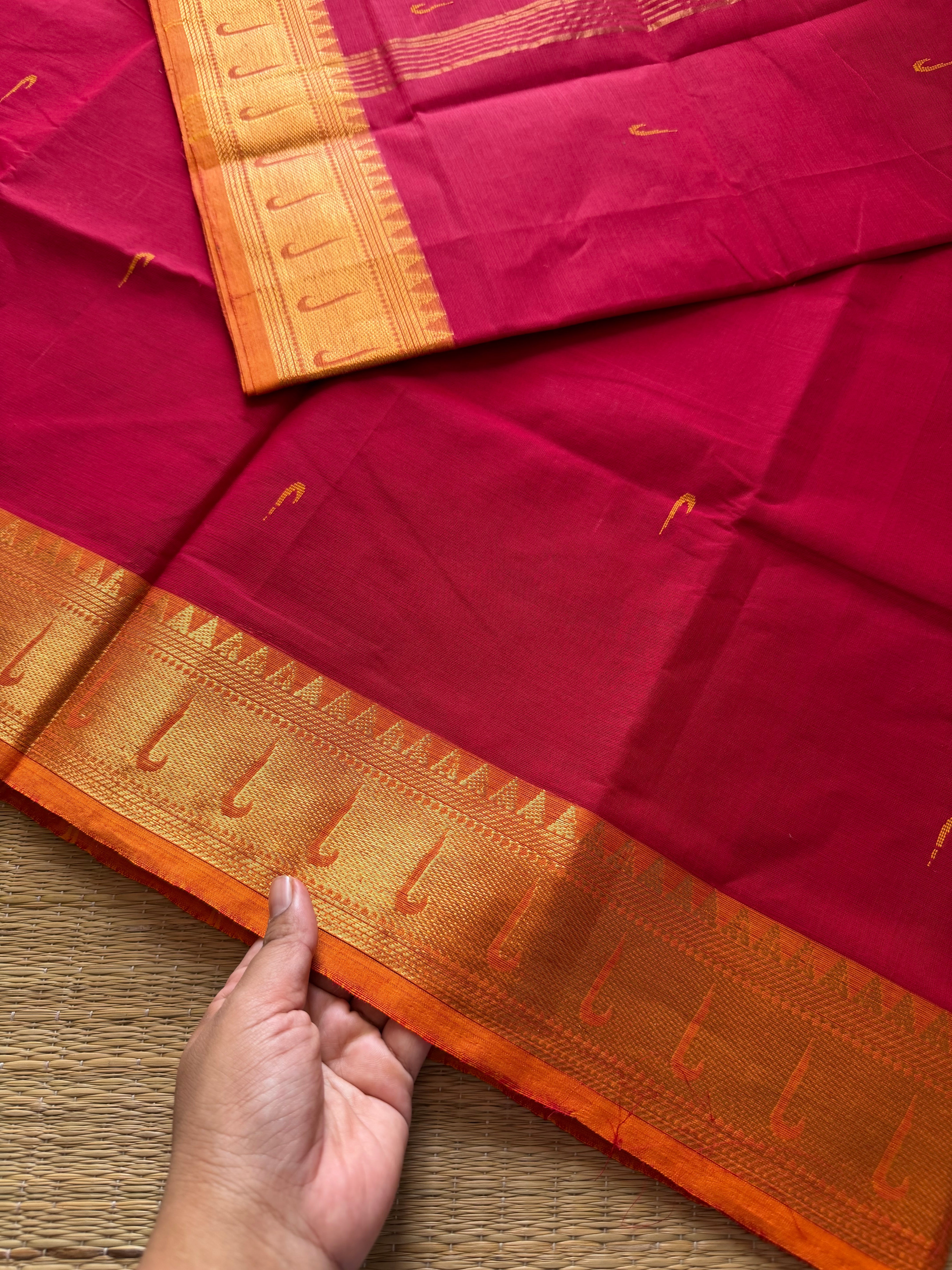 RF350 Reddish Pink shade silk saree inspired paithani border Kanchi Cotton Saree with contrast orange border and handmade Buttas