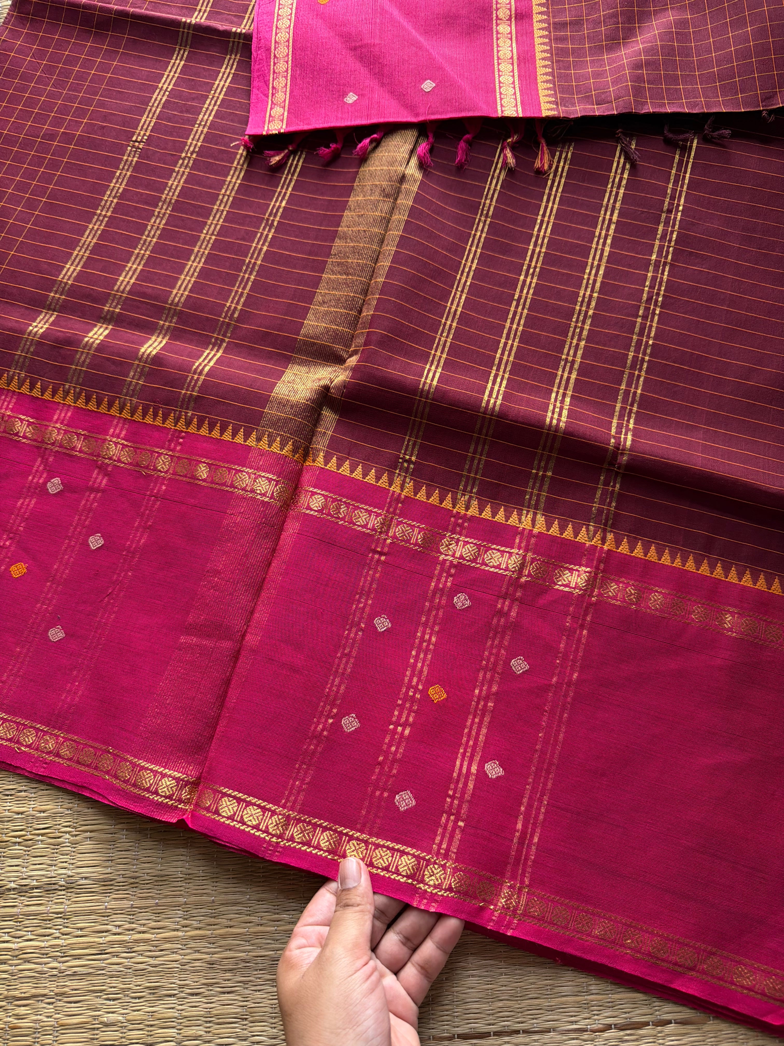 Maroon with pink combination kanchi cotton saree with Vintage Style Border kattam checks pattern & handwoven Buttas on the border