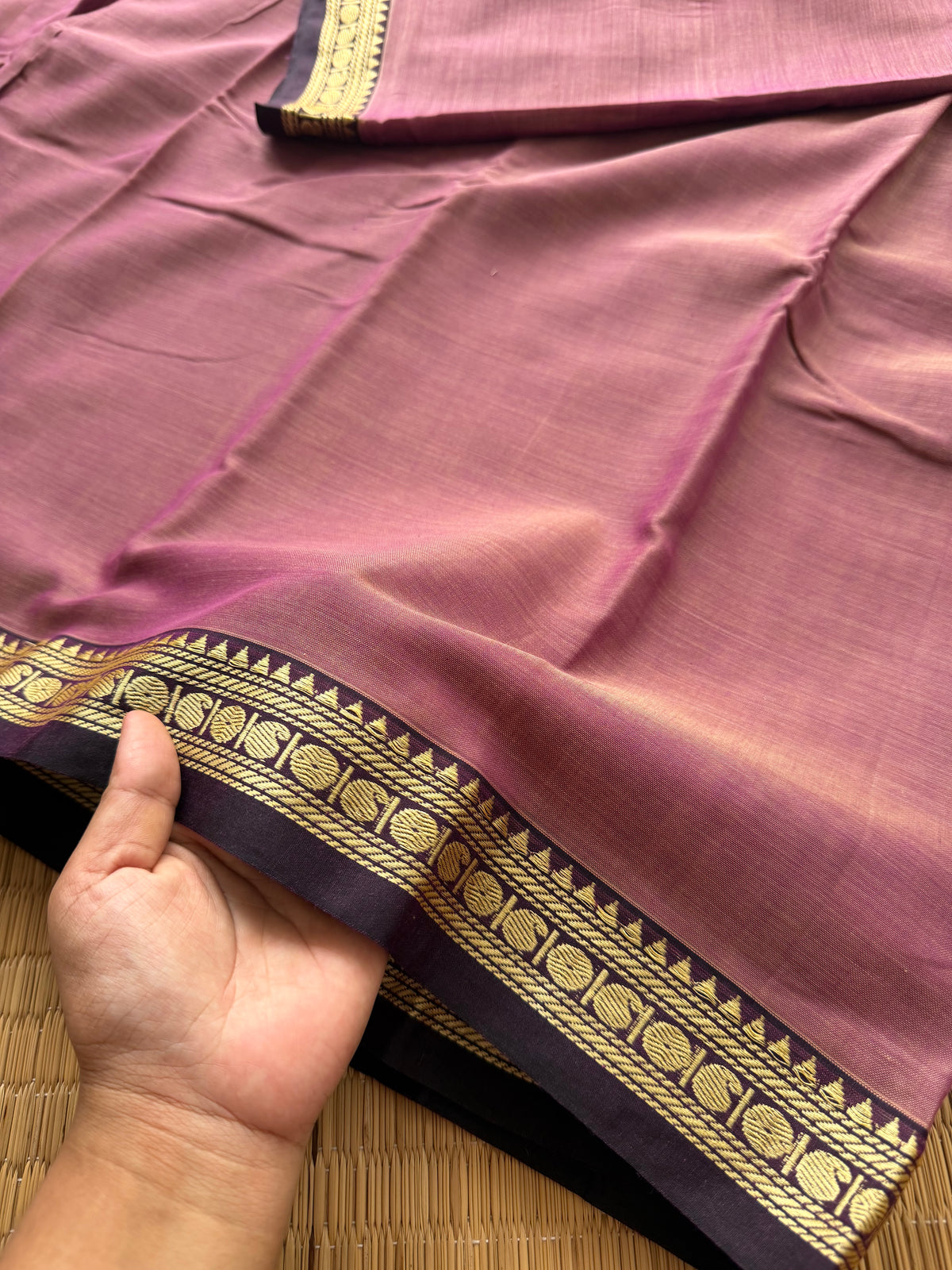 RF142 Dual tone pink Shade Mercerised Narayanpet cotton saree with small contrast brown shade mango border