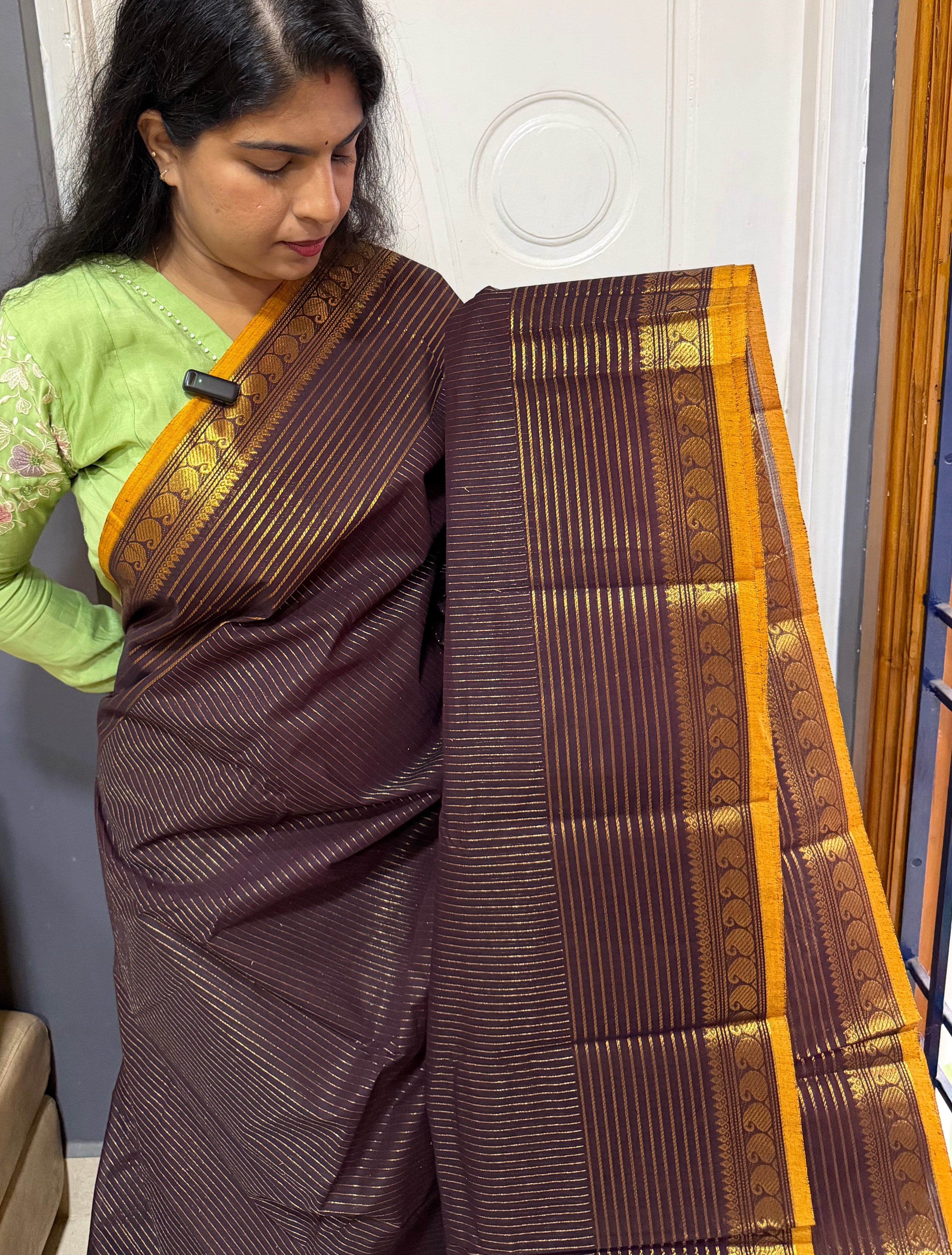 RF1232 Coffee brown ~ Vairaoosi pattern Kanchi cotton saree with small contrast mango Zari border