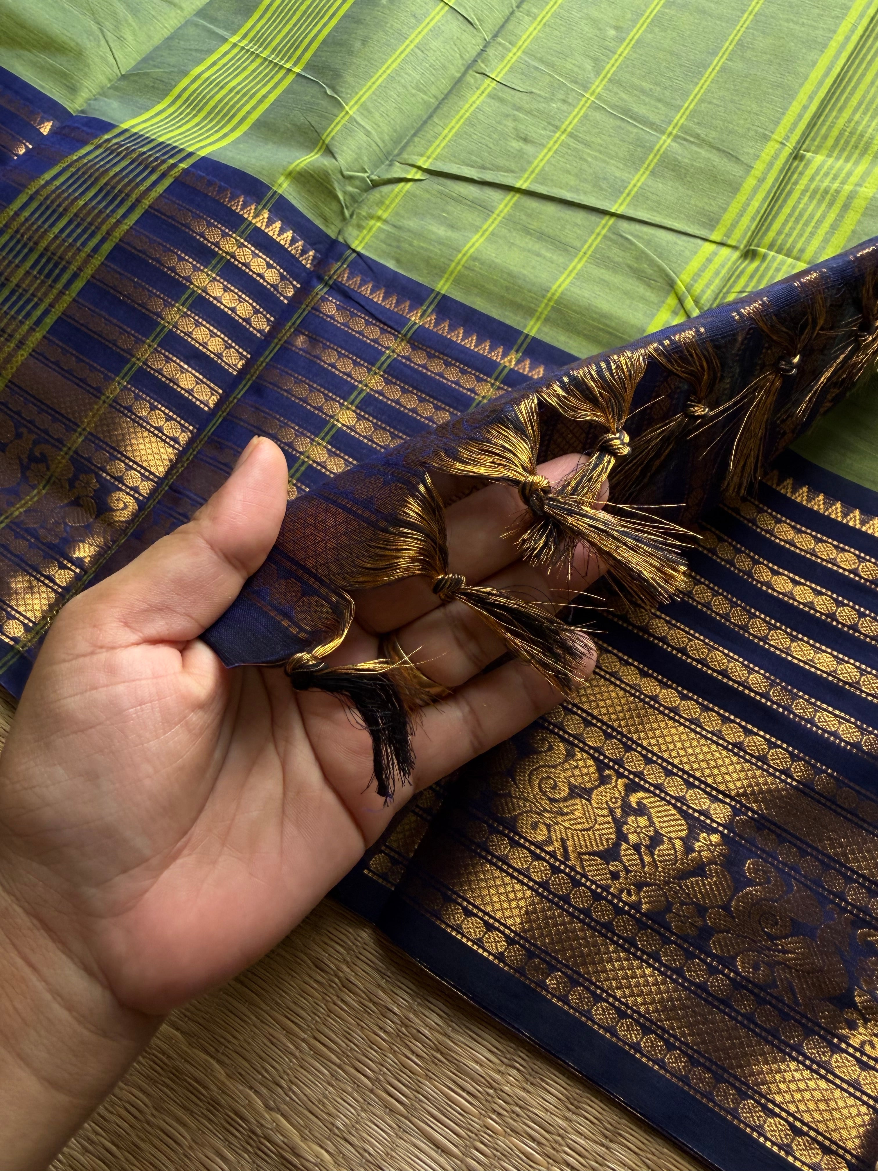RF1037 Dual tone apple green with blue combination ~ Silk Saree Inspired Varisaipet big / long border Kanchi cotton saree