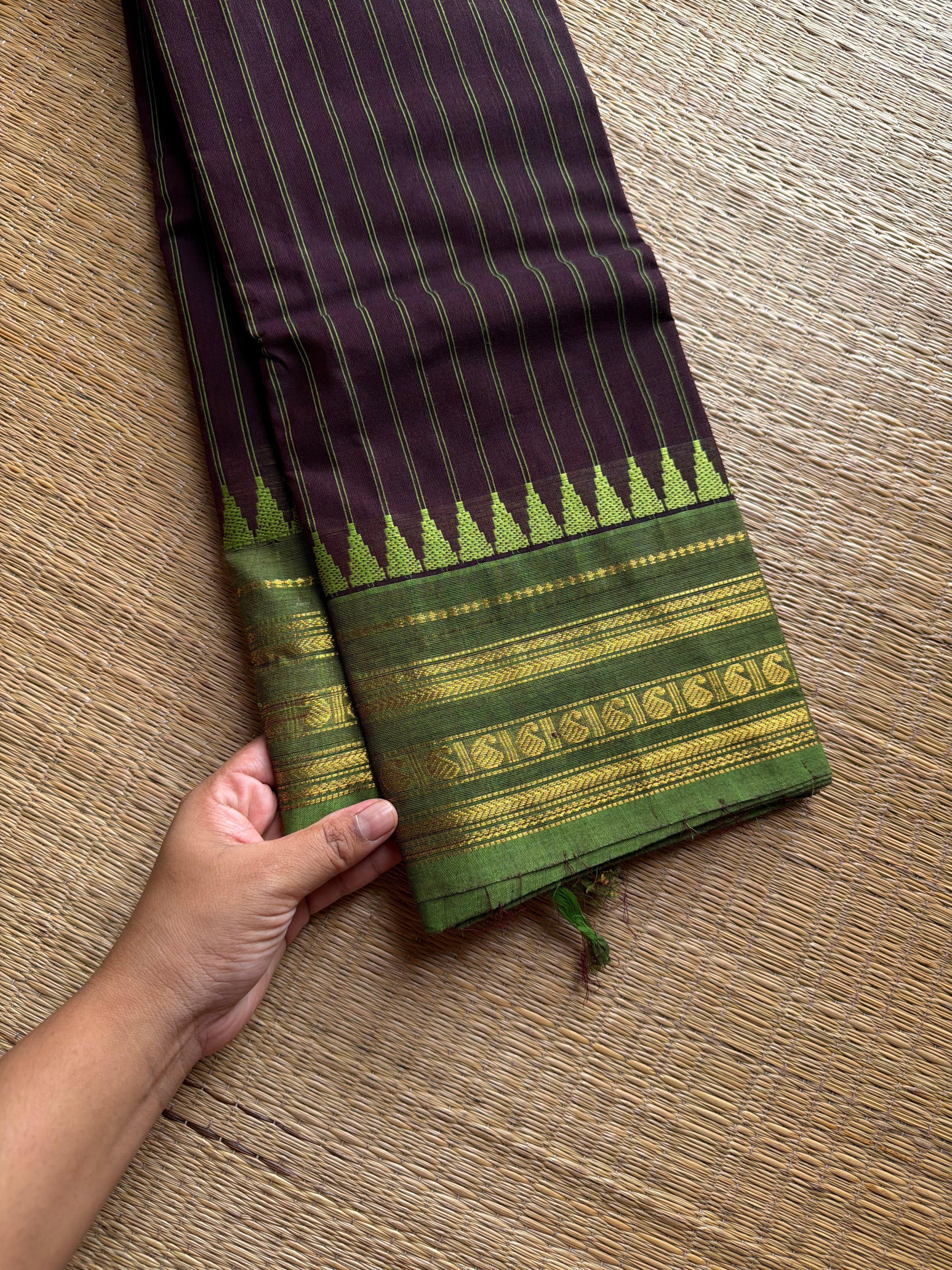 RF1344 Brown with green Kanchi cotton saree with vertical stripped pattern