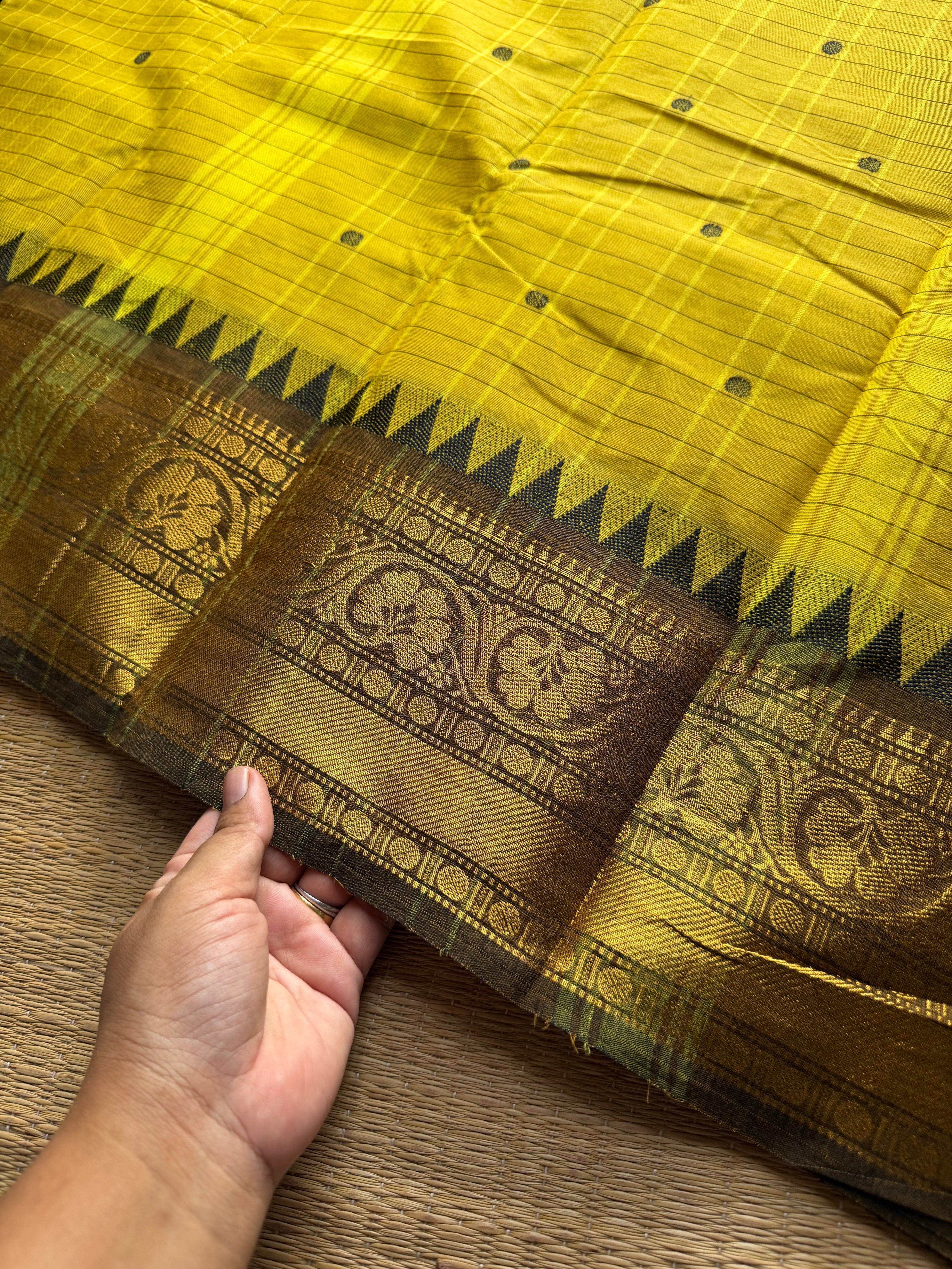 RF985 Yellow Kattam Kanchi cotton saree with handmade thread buttas