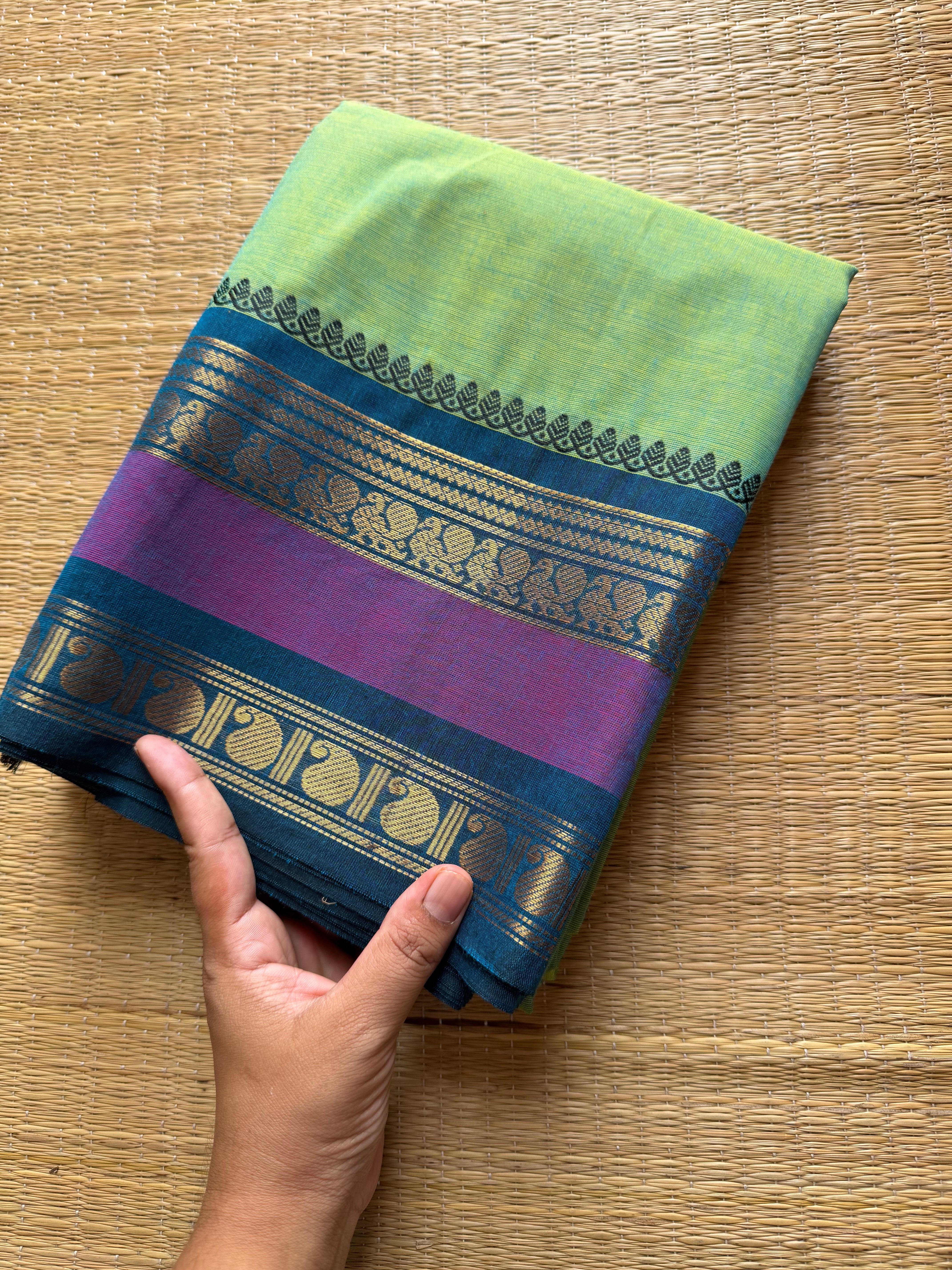 RF276 Dual tone Turquoise green shade Kanchi cotton saree with unique Rettapet border