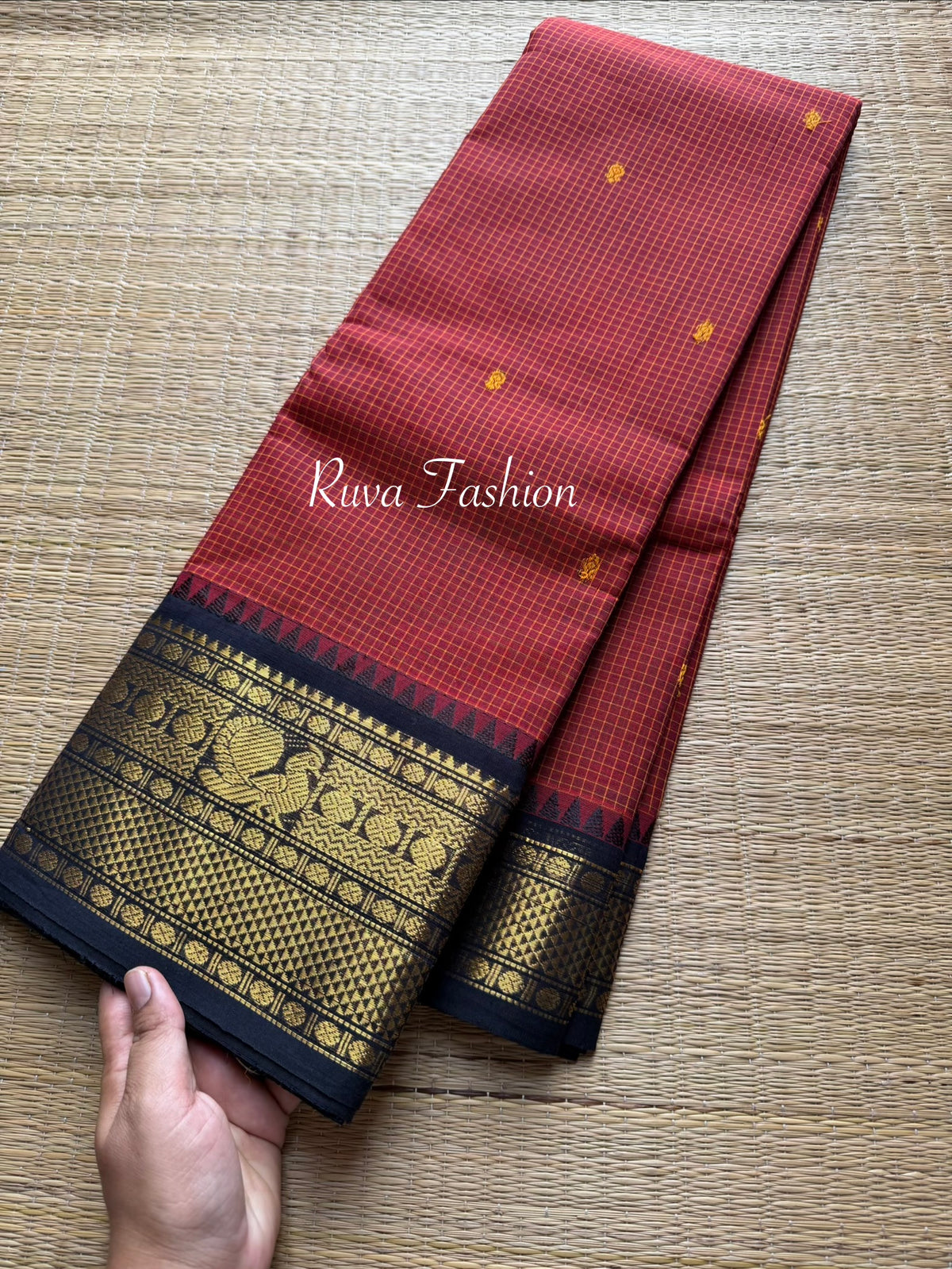 Rust orange with black combination vintage style Podikattam/ small checks Kanchi cotton saree with handmade thread buttas