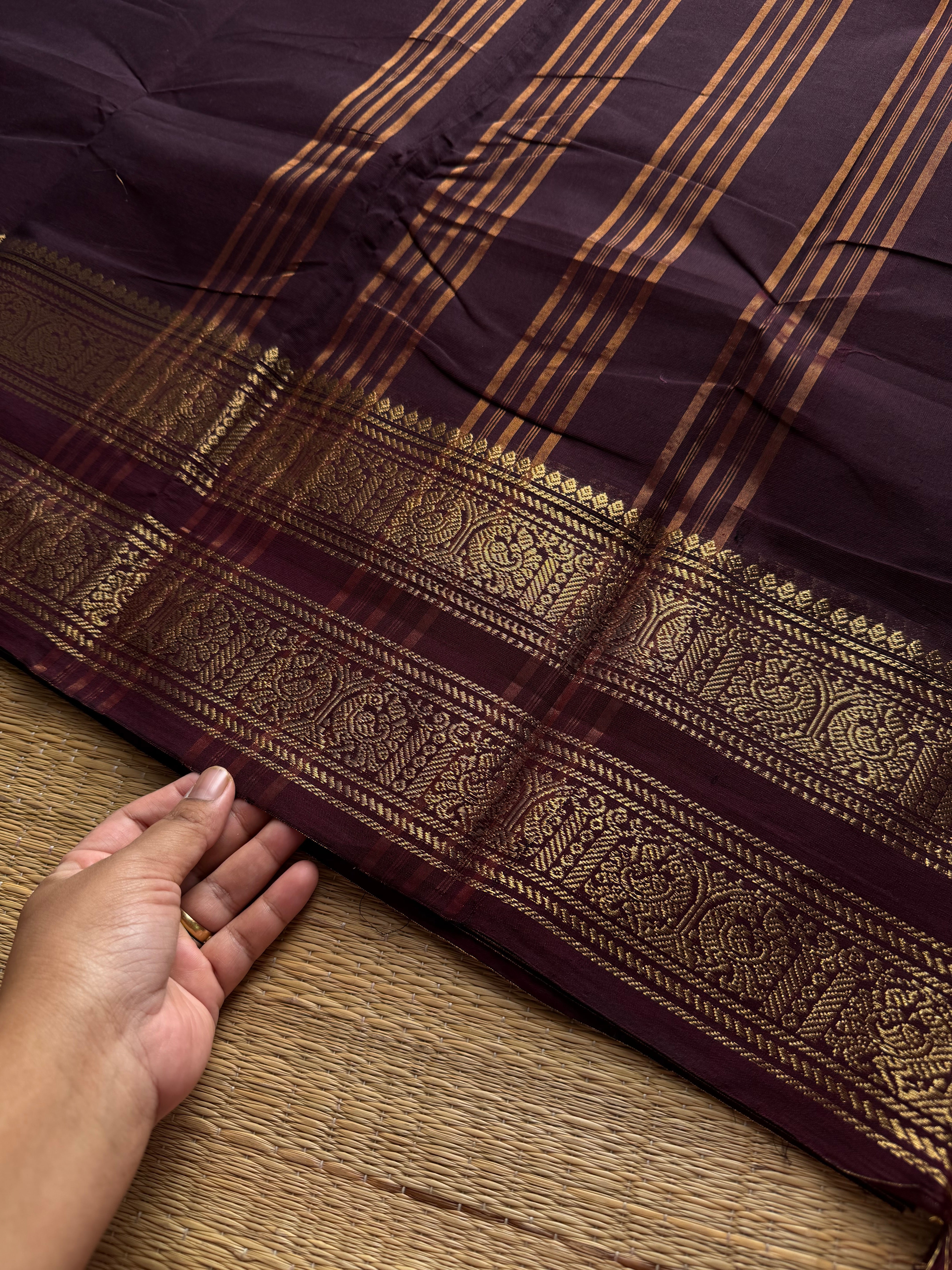 RF1042 Deep Coffee Brown Kanchi Cotton Saree with Rettapet border