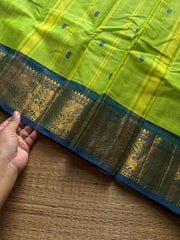 RF1406 Parrot green ~ Vanasingaram border Kanchi cotton saree with handmade thread buttas