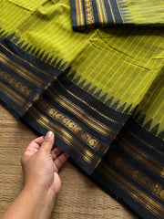 RF926 Green with black combination Kanchi cotton saree with vertical stripes pattern