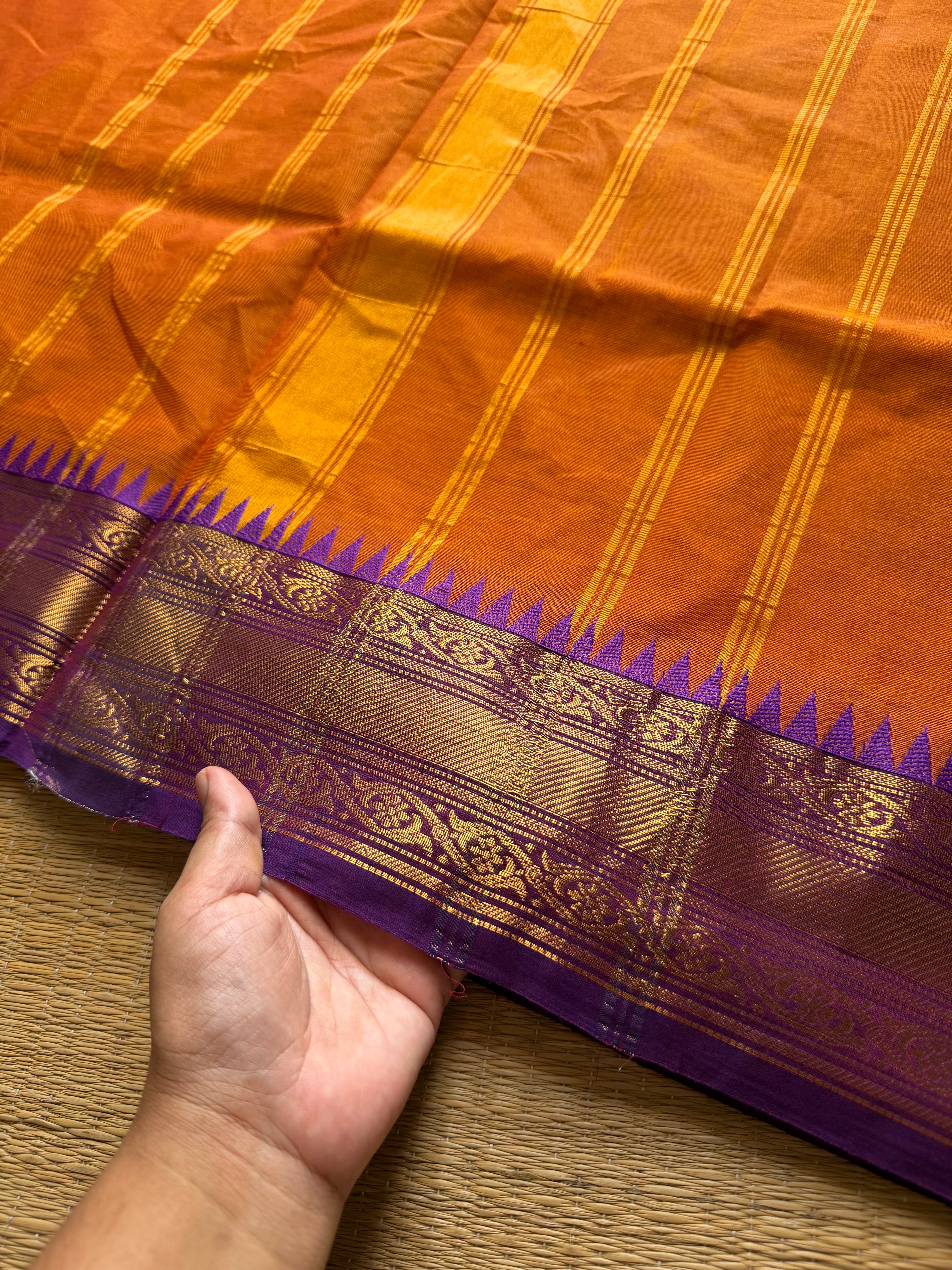 RF711 Orange with purple ~ Medium Size Border Kanchi Cotton Saree