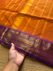 RF711 Orange with purple ~ Medium Size Border Kanchi Cotton Saree