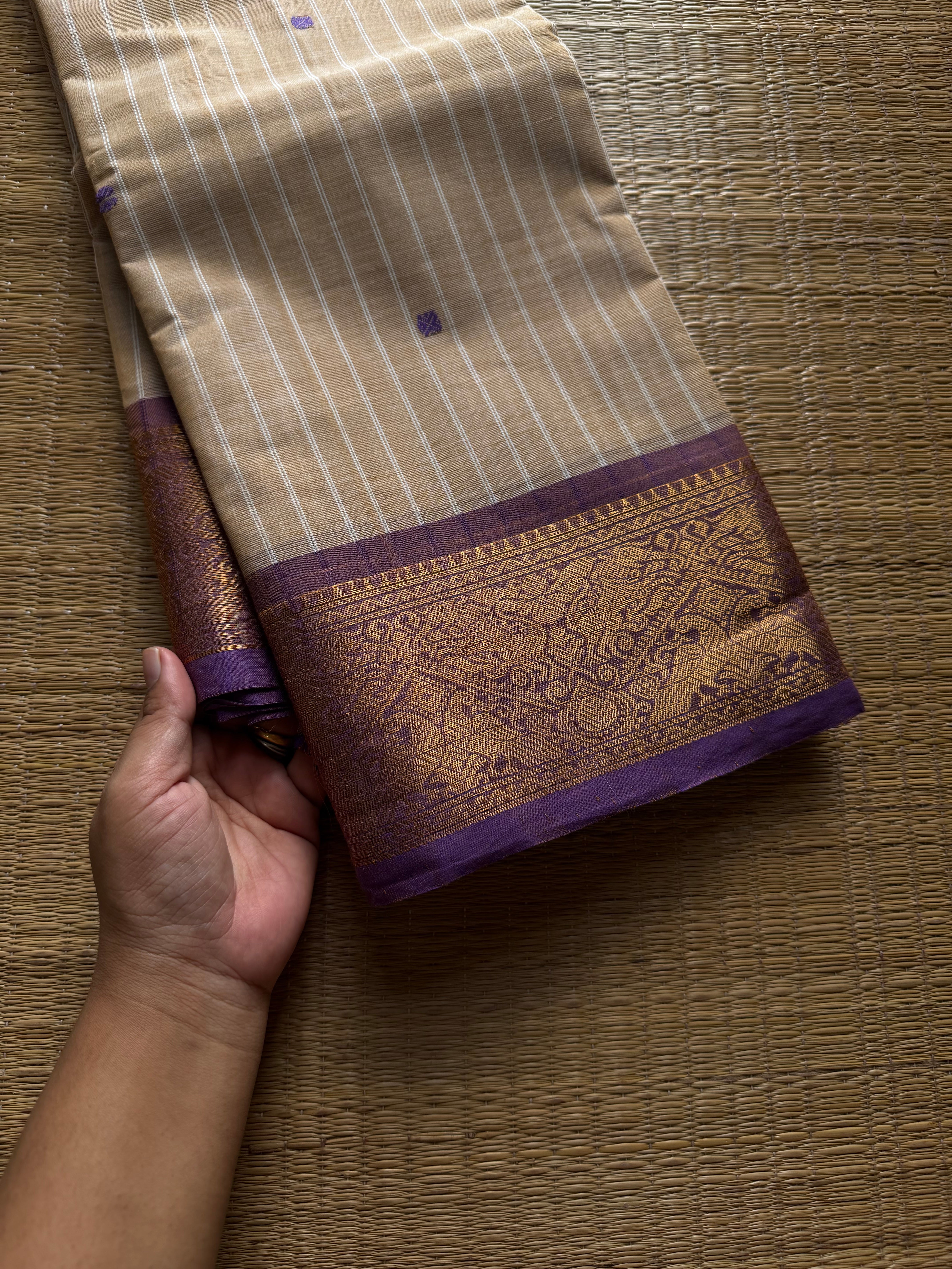 RF1409 Beige with light purple ~ Vanasingaram border Kanchi cotton saree with handmade thread buttas