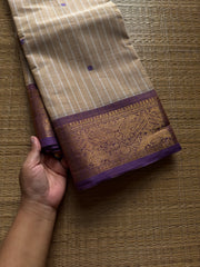 RF1409 Beige with light purple ~ Vanasingaram border Kanchi cotton saree with handmade thread buttas