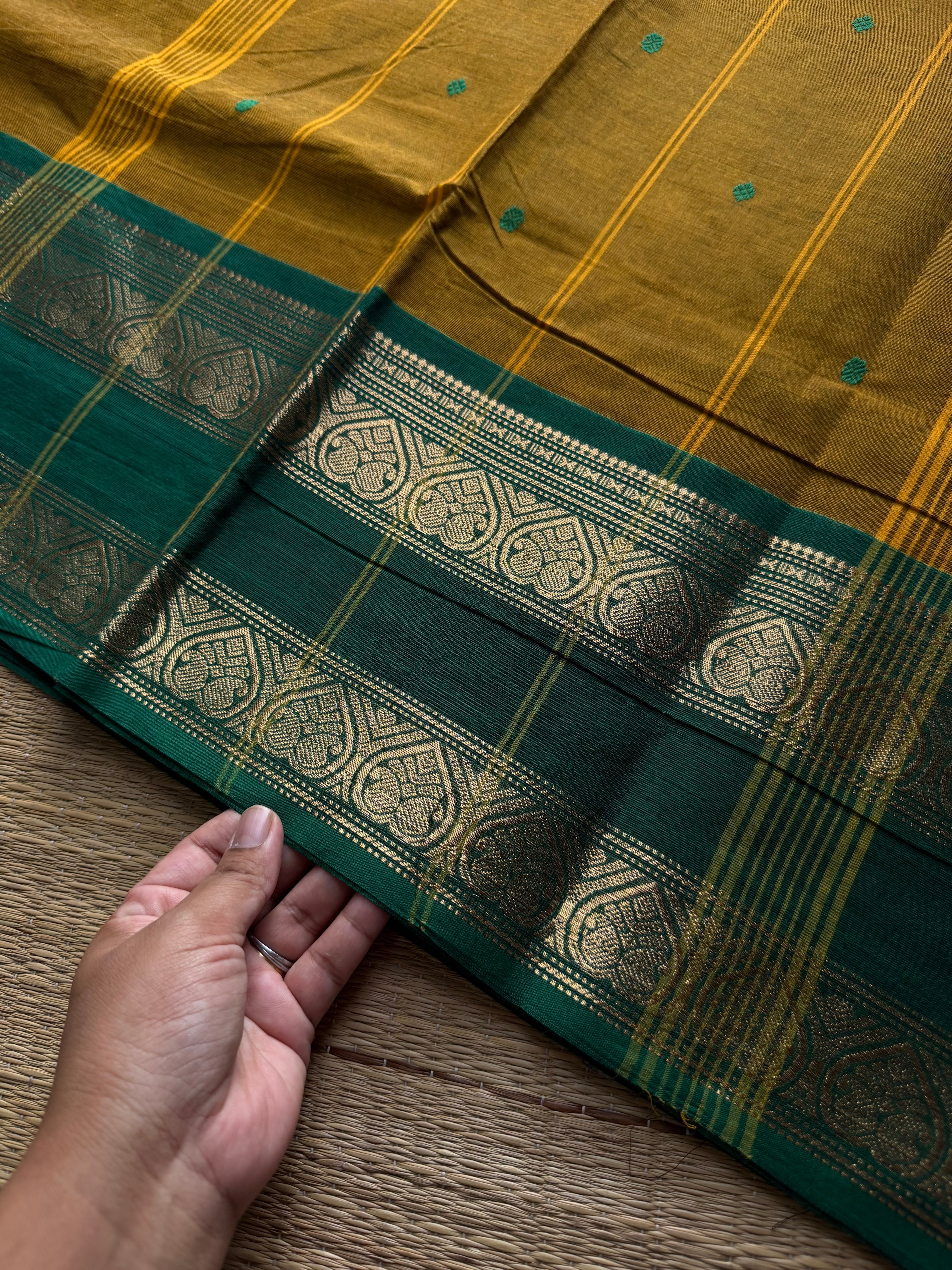 RF863 Dual tone mustard shade Kanchi cotton saree with handmade thread buttas