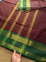 RF413 Dark Maroon With Contrast Green Combination Traditional Vintage Kattam Kanchi Cotton Saree With rettapet gap border