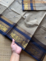 Grey Kanchi Cotton Saree With Contrast Navy Blue Shade Annam & lotus pattern border and handmade thread buttas