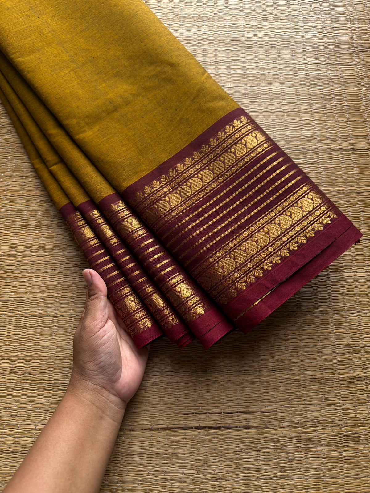 RF951 Dual tone mustard with brown shade Kanchi cotton saree