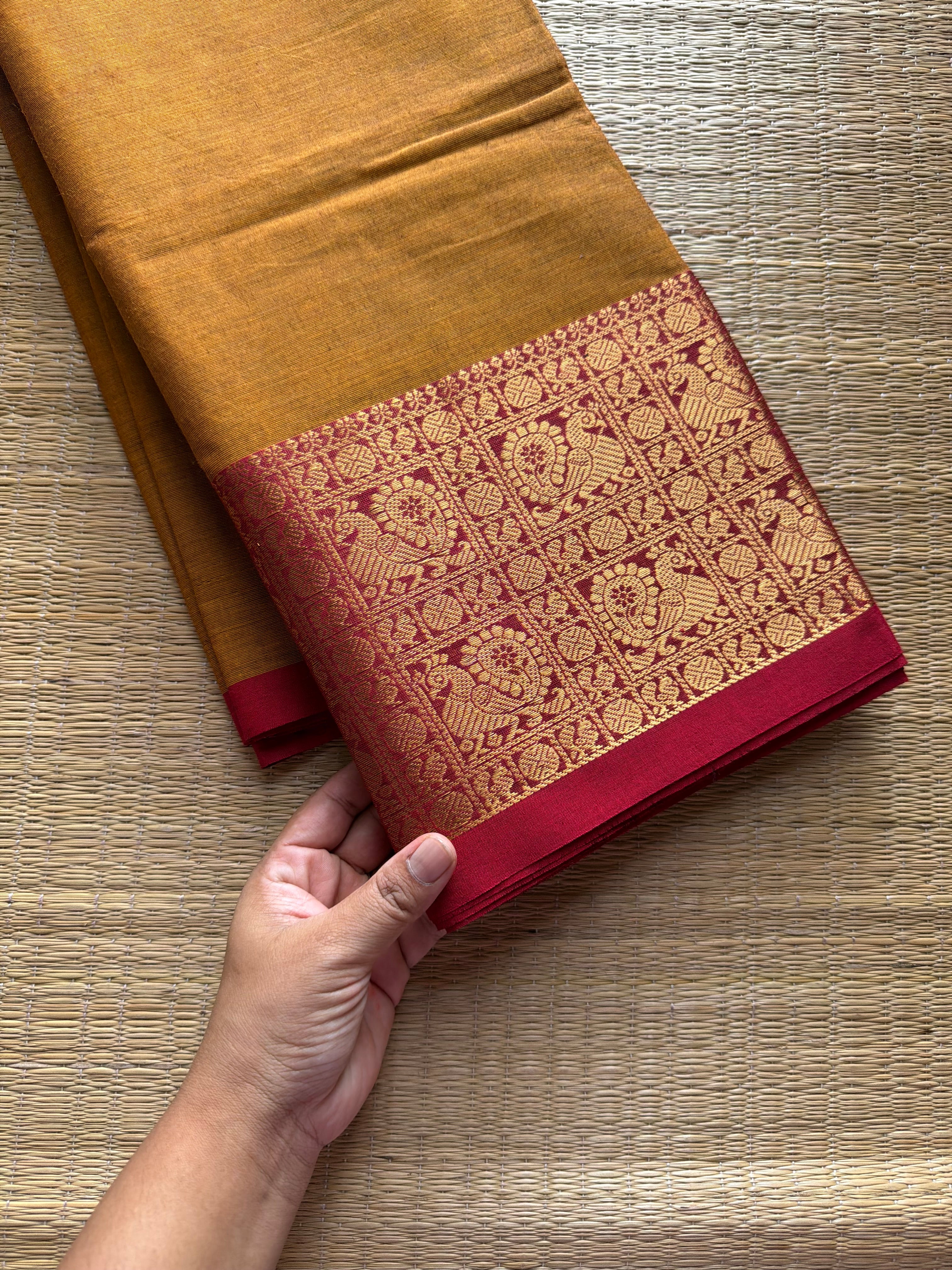 RF1083 Mustard with maroon ~ One side border Kanchi cotton saree