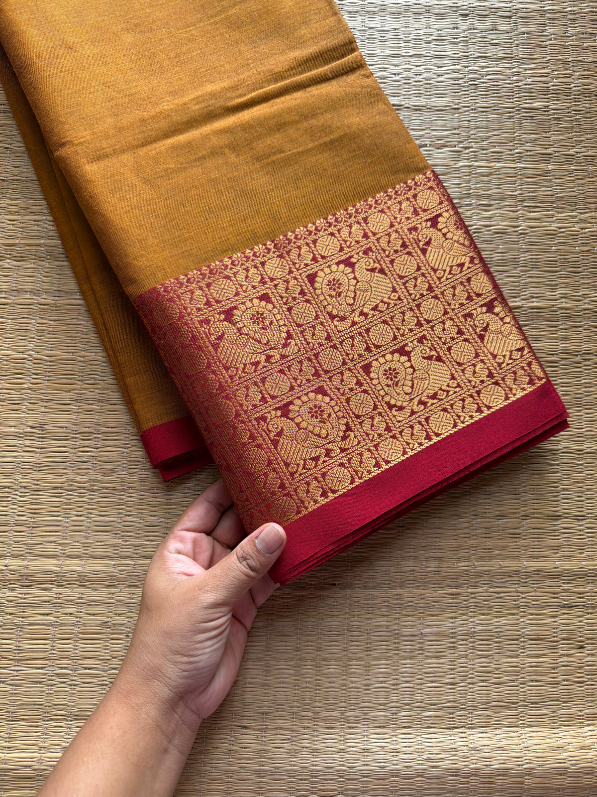 RF1083 Mustard with maroon ~ One side border Kanchi cotton saree