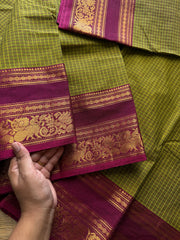 RF712 Green with magenta pink combination Kattam / checks pattern Kanchi cotton saree with floral pattern contrast border