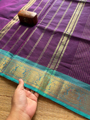 RF195 Purple shade with contrast Sky blue color combination traditional Korvai style border Kanchi cotton saree with vaira Oosi pattern