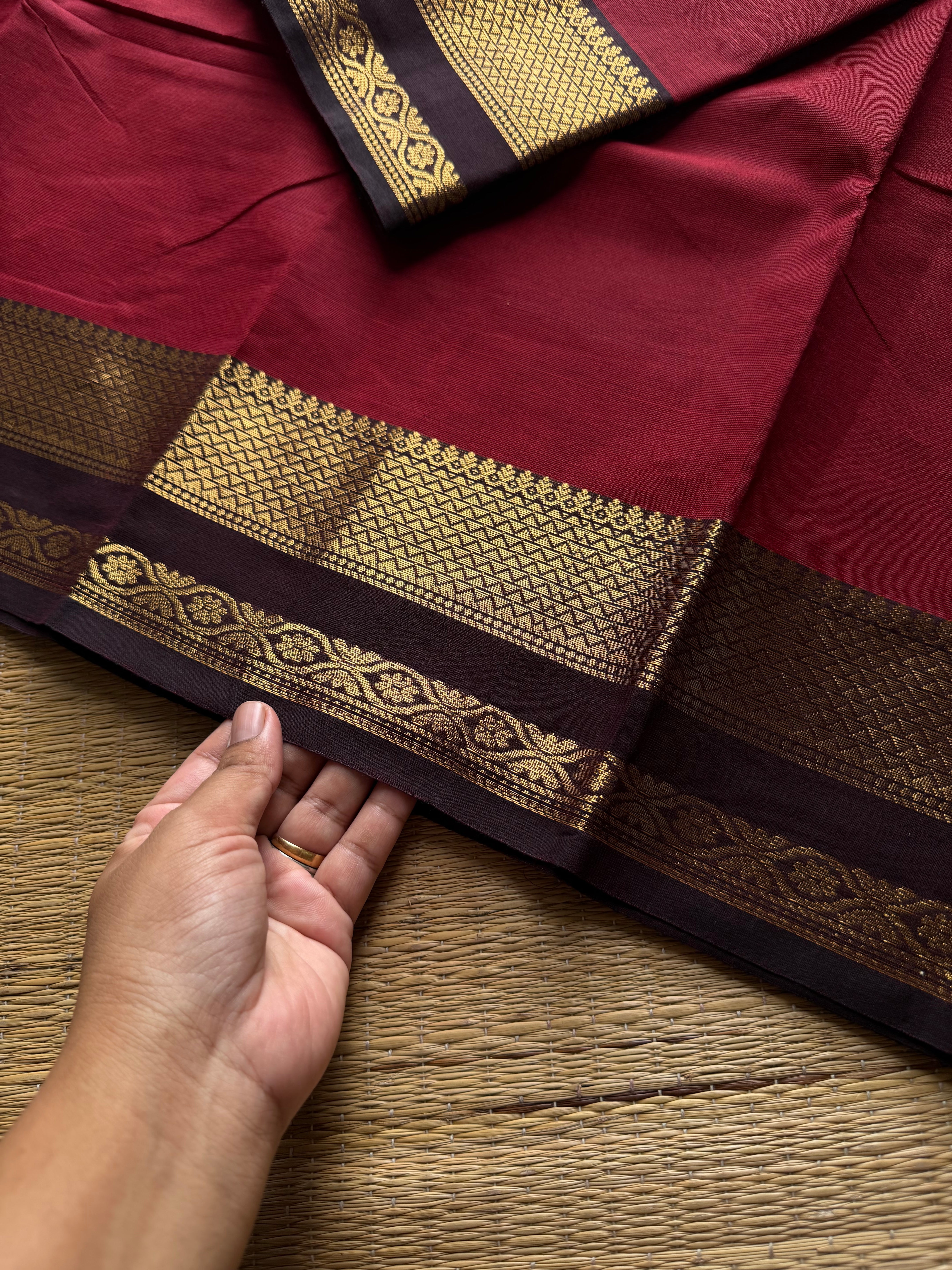 RF925 Reddish maroon with brown combination Kanchi cotton saree with unique border