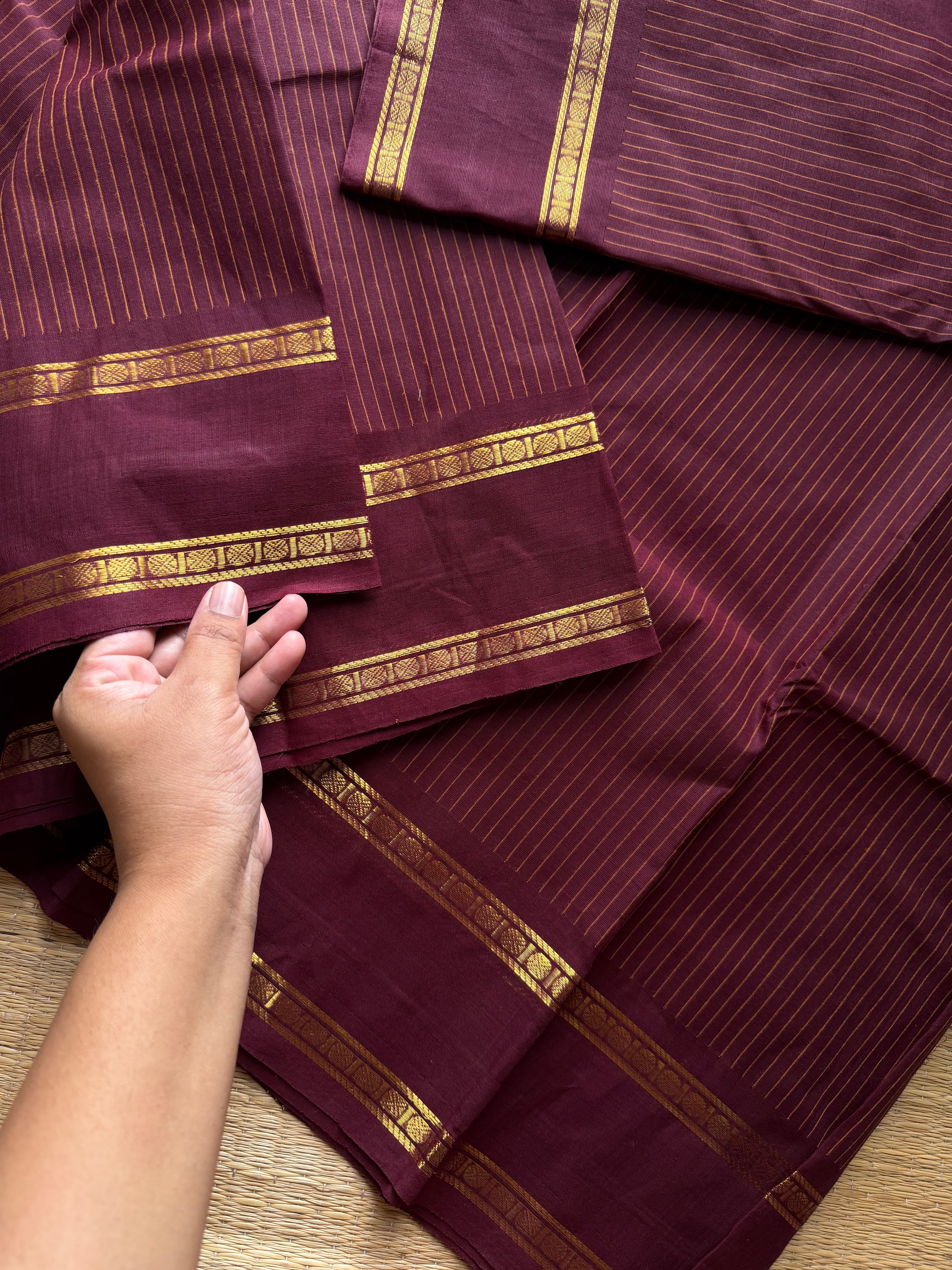 RF1002 Monotone Dark Maroon shade Kanchi cotton saree Vaira Oosi thread vertical lines pattern with vintage Rettapet border